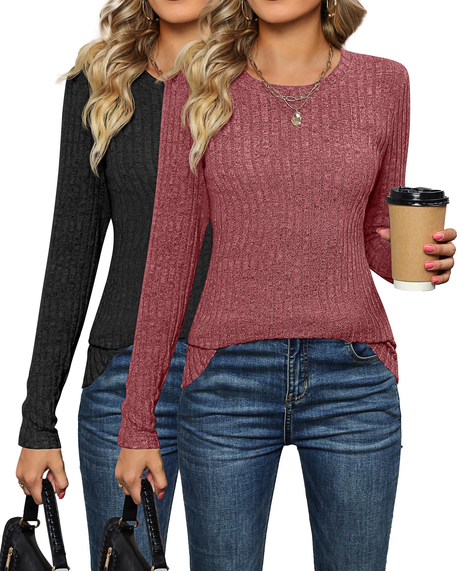 Ficerd 2 Pack Women's Sweaters, Fall Long Sleeve Fitted Sweaters Cable Knit Light Tunic Tops Crew Neck Sweaters 2025 Trendy(Medium,Black, Wine Red)