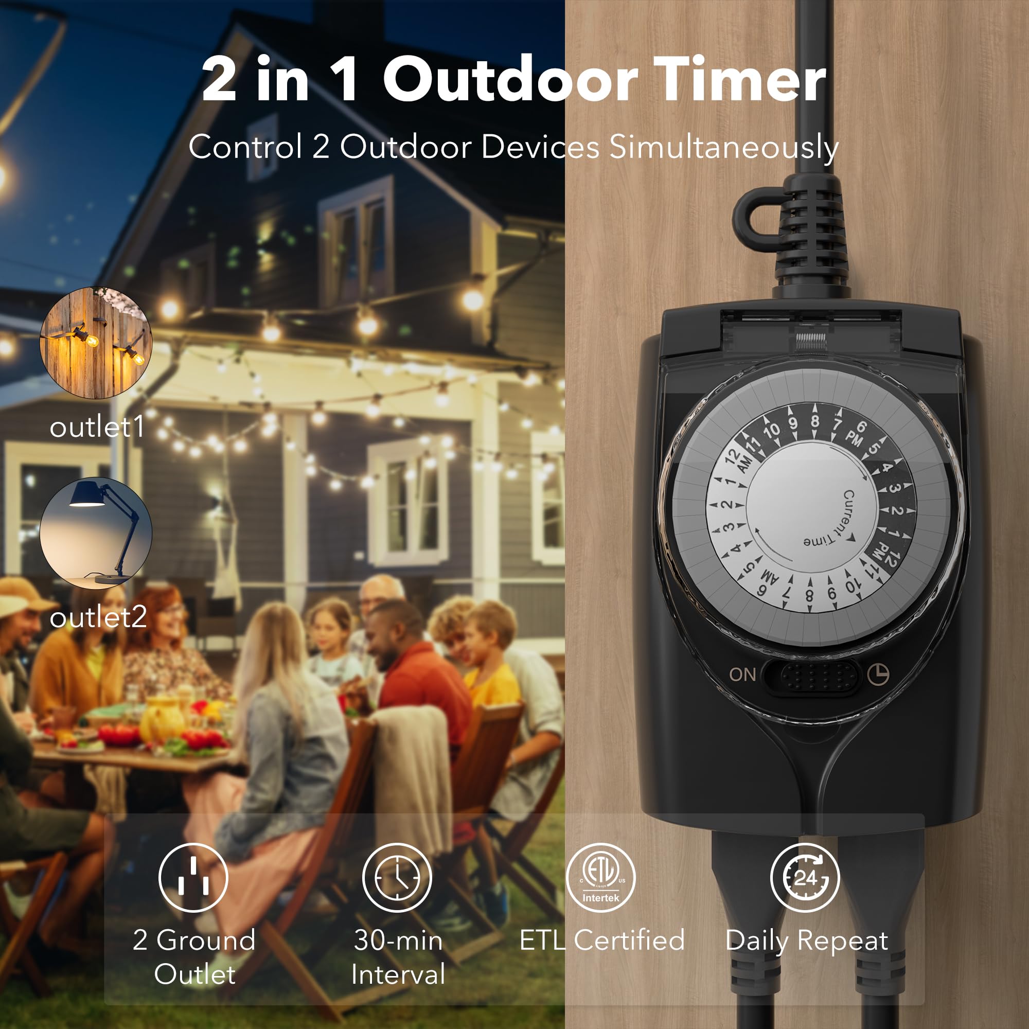 HBN Outlet Timer, 24 Hour Mechanical Outdoor Timer for Pool Pump, Plug in Timer Waterproof, 2 Grounded Timer Outlets for Lights and Holiday Decorations, 15A 1/2HP