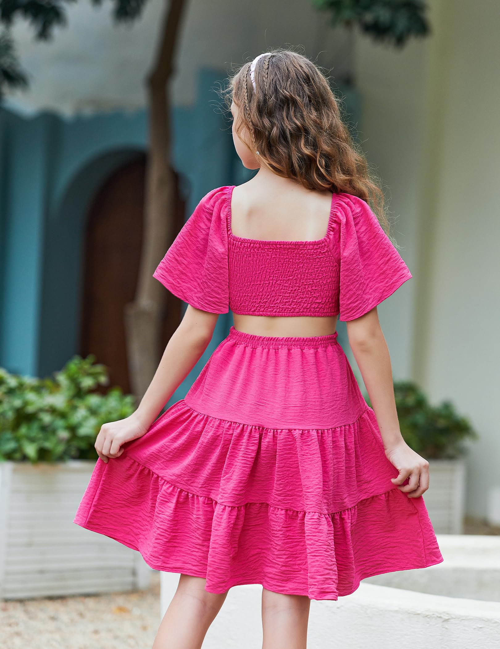 Arshiner Girls Dress Cut Out Shirred Ruffle Hem Summer Hot Pink Party Dresses 7-8