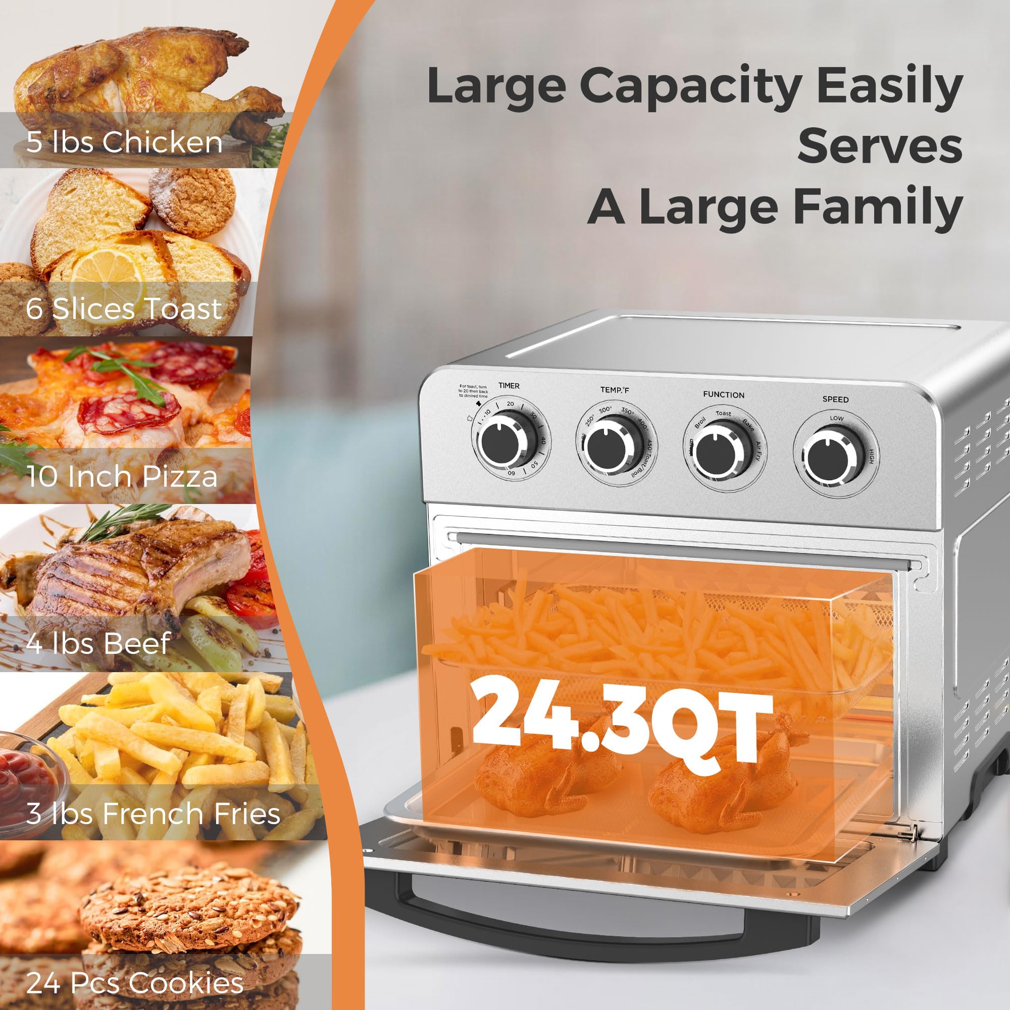 KitchenBoss Air Fryer Toaster Oven: 24.3QT/23L Airfryer with Warm, Broil, Toast, Bake, Air Fry 5-in-1 Functions, Knob Control 1700W Toaster Oven Countertop with 4 Accessories, Stainless Steel