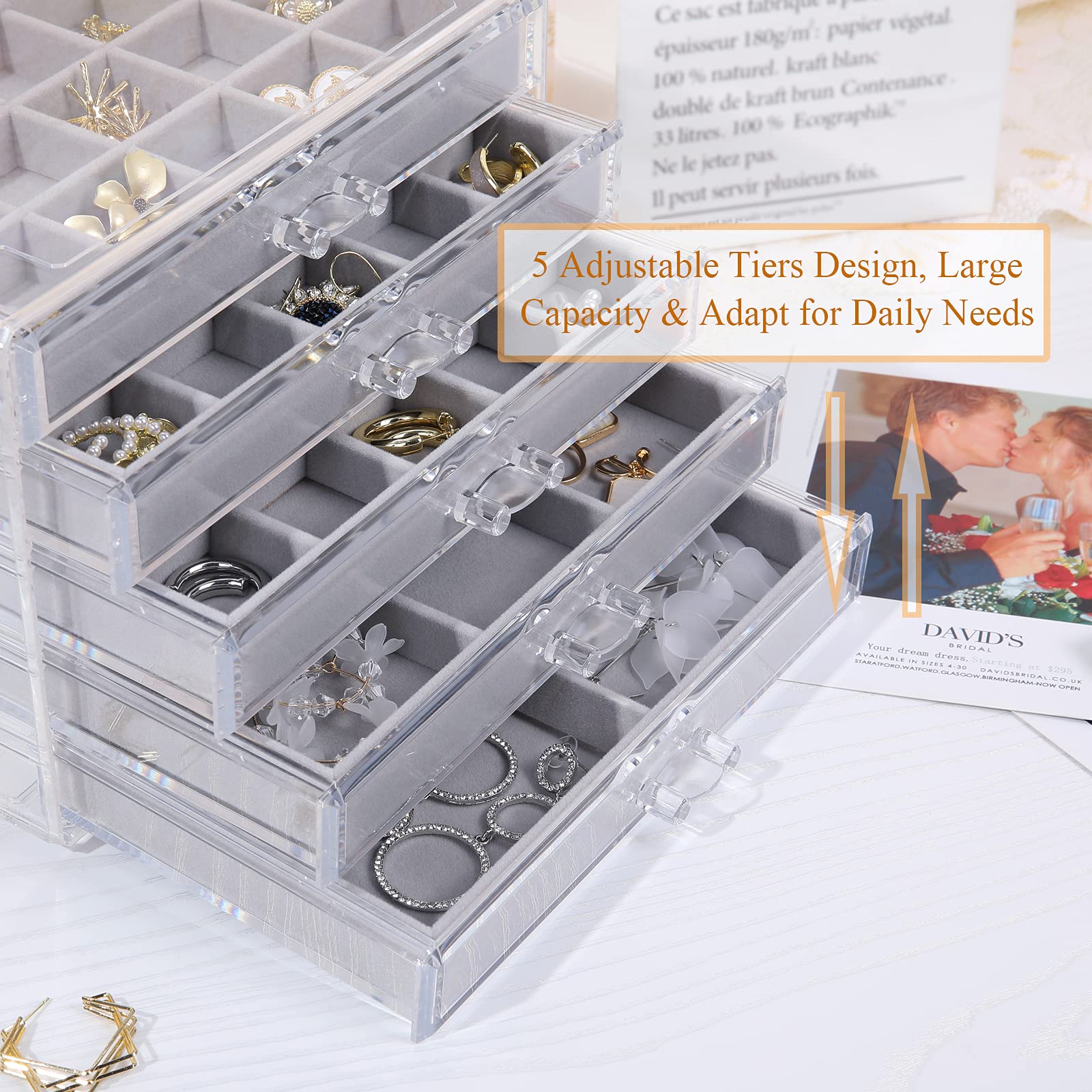 misaya Earring Jewelry Organizer with 5 Drawers, Gift for Mom, Clear Acrylic Jewelry Box for Women, Velvet Earring Display Holder for Earrings Ring Bracelet Necklace, Gray