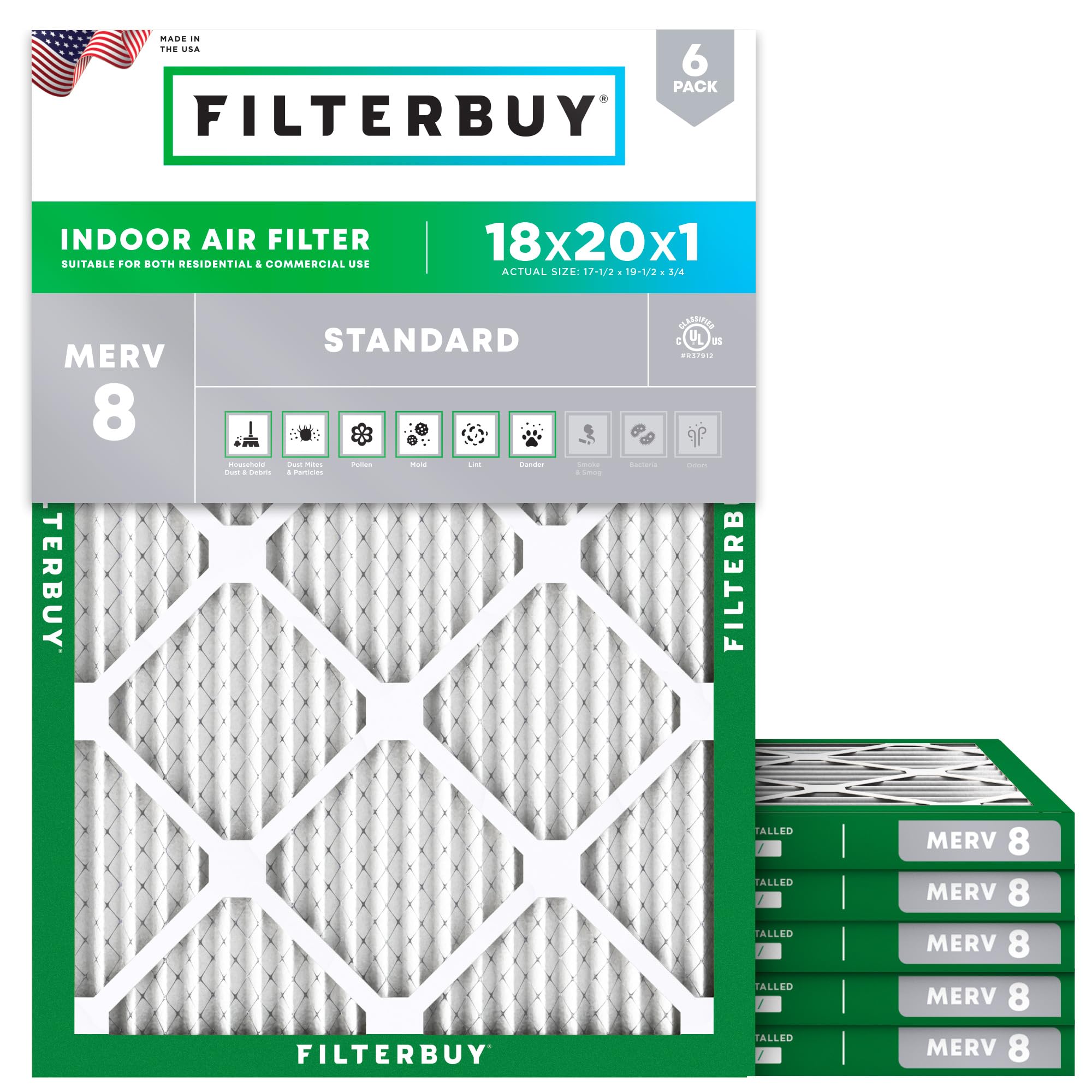 Filterbuy 18x20x1 Air Filter MERV 8 Dust Defense (6-Pack), Pleated HVAC AC Furnace Air Filters Replacement (Actual Size: 17.50 x 19.50 x 0.75 Inches)