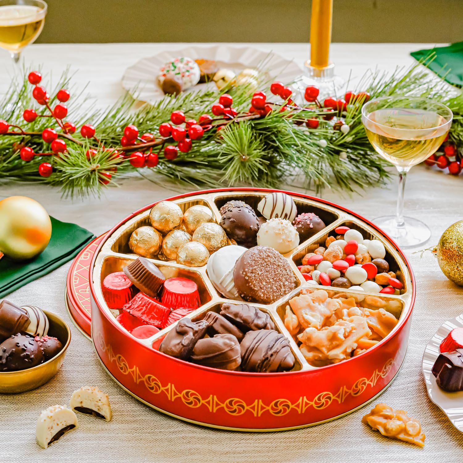 Holiday Snack Gift Tin, Round, Modern Pattern, Assorted Treats: Belgian Truffles, Chocolate Covered Oreos, Peanut Brittle and Candy Nuts