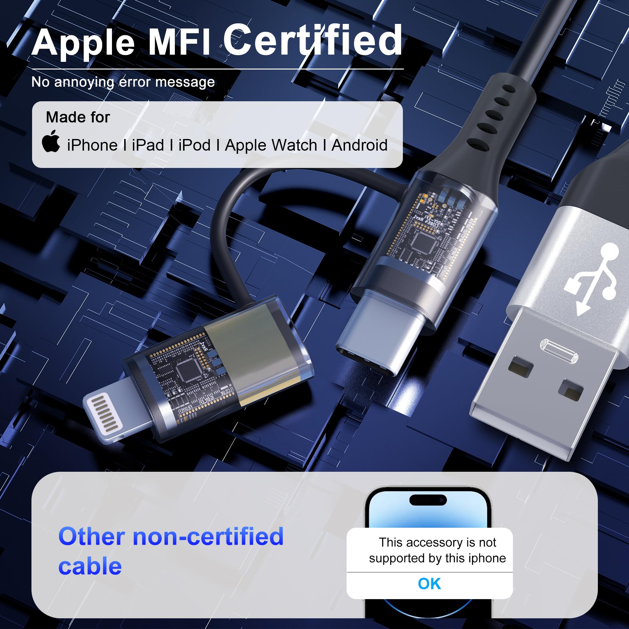 USB to USB-C and Lightning Cable 2 in 1 Coiled Cable Aple Carplay & Android Auto Compatible [MFi & 3A Fast Charge & Data Sync] Coiled Lightning and USB C Cable for iPhone 16/15/14/13/Android, Silver