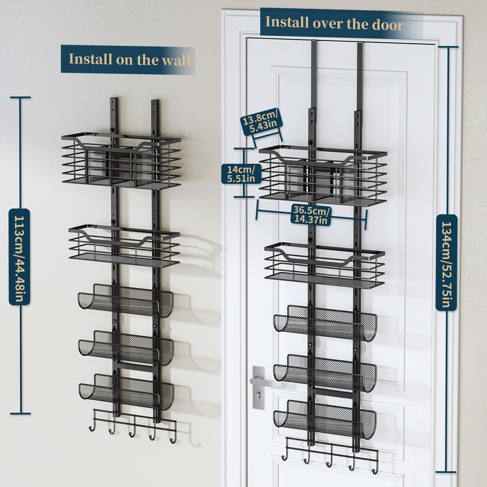 Consmest 6-Tier Hair Tool Organizer - Hair Dryer Holder Over The Door/Wall Mounted DIY Adjustable Shelf Bathroom Door Organizer with Hook for Curling Iron/Blow Dryer/Straightener Black