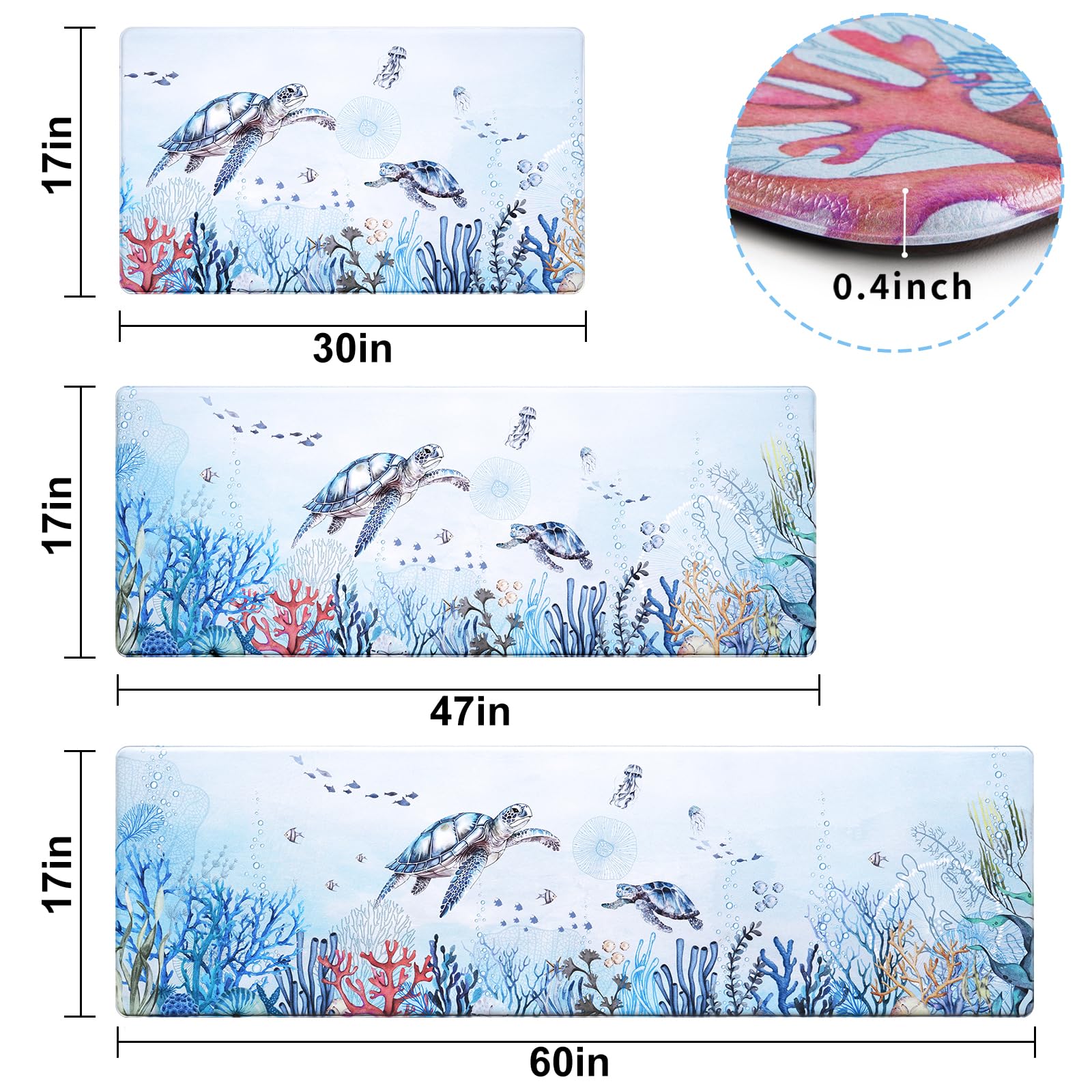 ASPMIZ Ocean Kitchen Rugs Sets of 3 Non Slip Washable, Sea Turtle Anti Fatigue Kitchen Mat Cushioned, Waterproof Nautical Coral Kitchen Floor Mats Runner Rug, 17'' x 60'' + 17'' x 47'' + 17'' x 30''