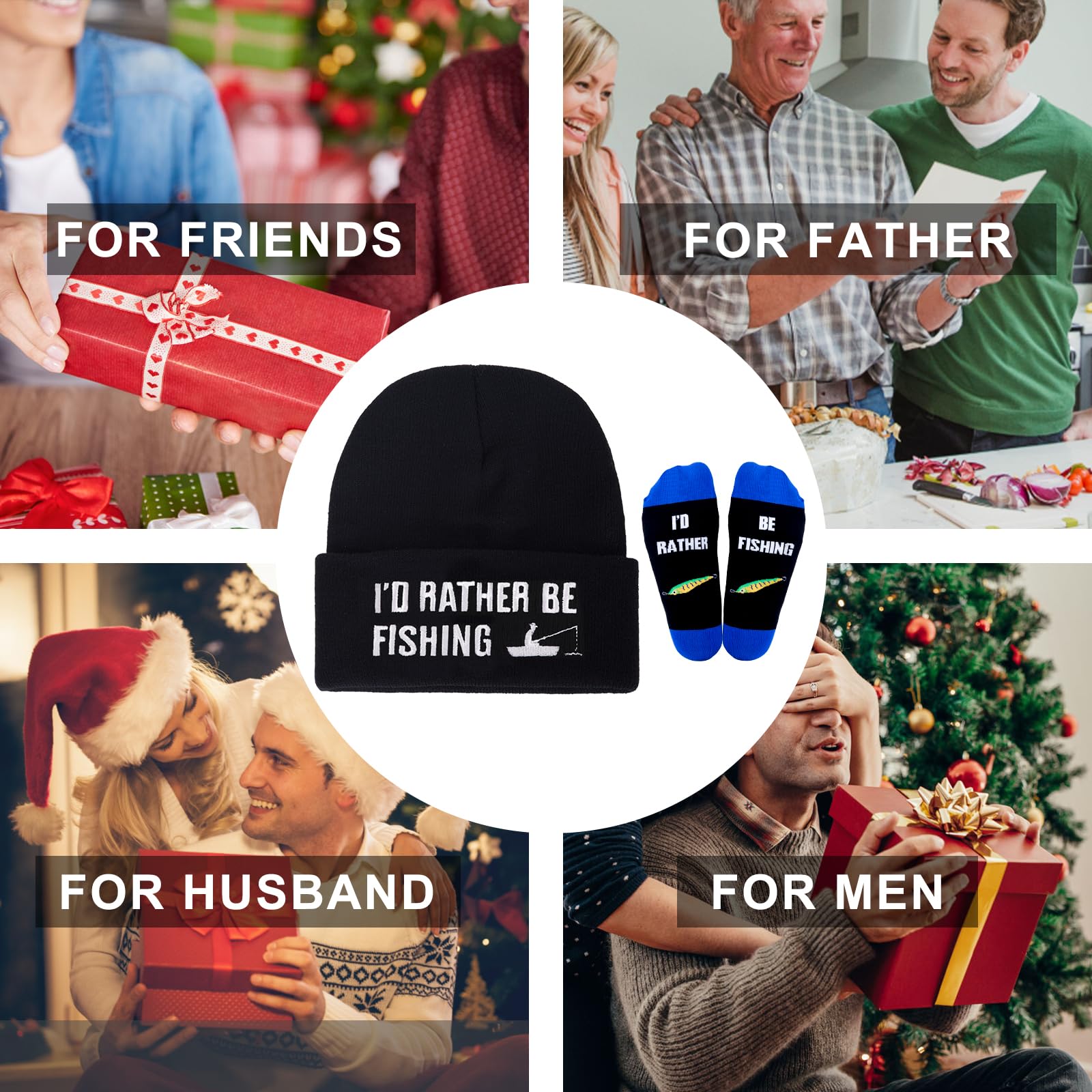 GOAUS Fishing Gifts for Men, Funny Beanie Hat and Socks, Christmas Gifts for Him Boys Dad Husband Boyfriend Grandpa