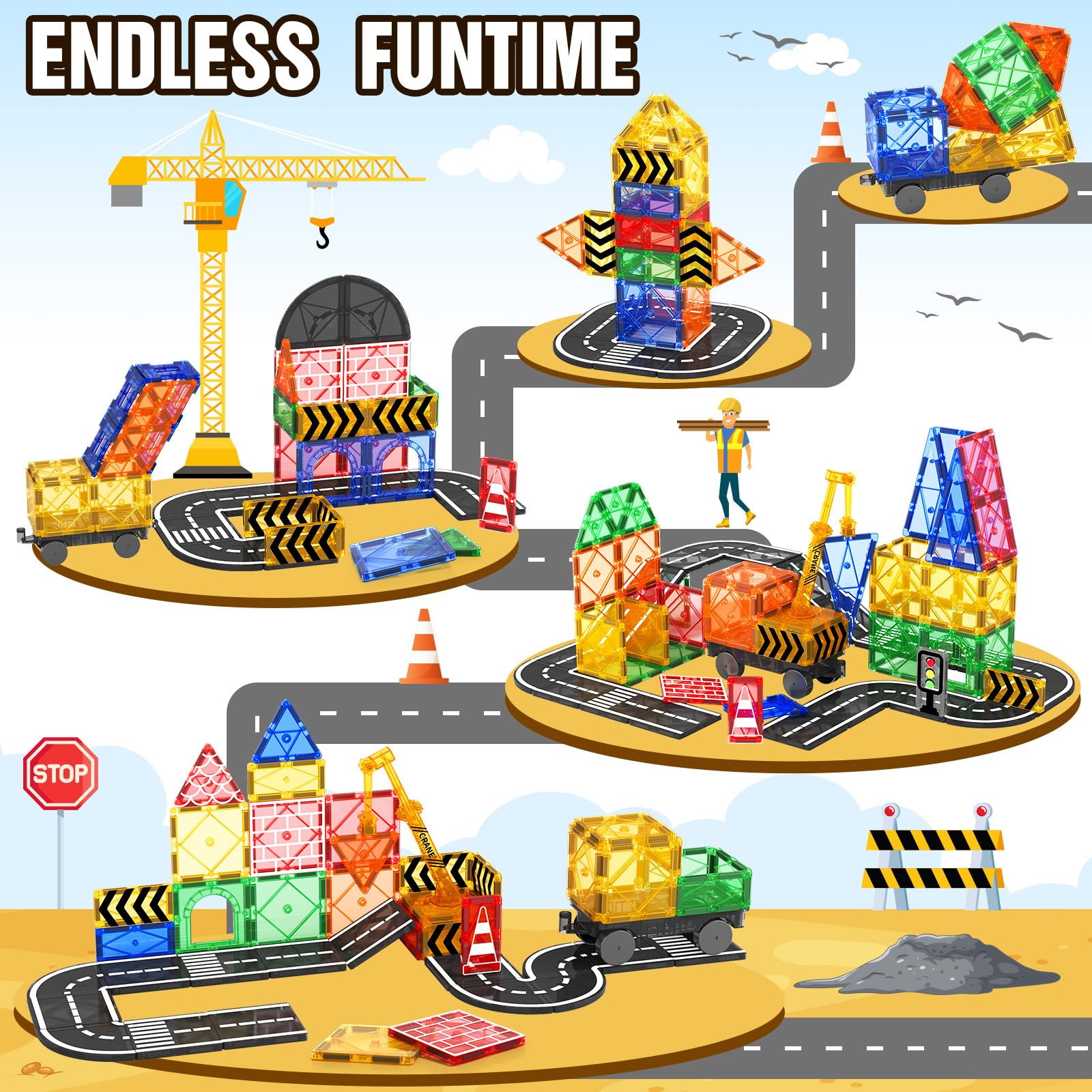 IGIVI Magnetic Tiles Road Set with Magnet Crane Car Toys, Construction Toys for Kids Ages 3-5 4-8 5-7, Creative Magnetic Building Blocks Toddler Toys, Gifts for 3+ Year Old Boys & Girls