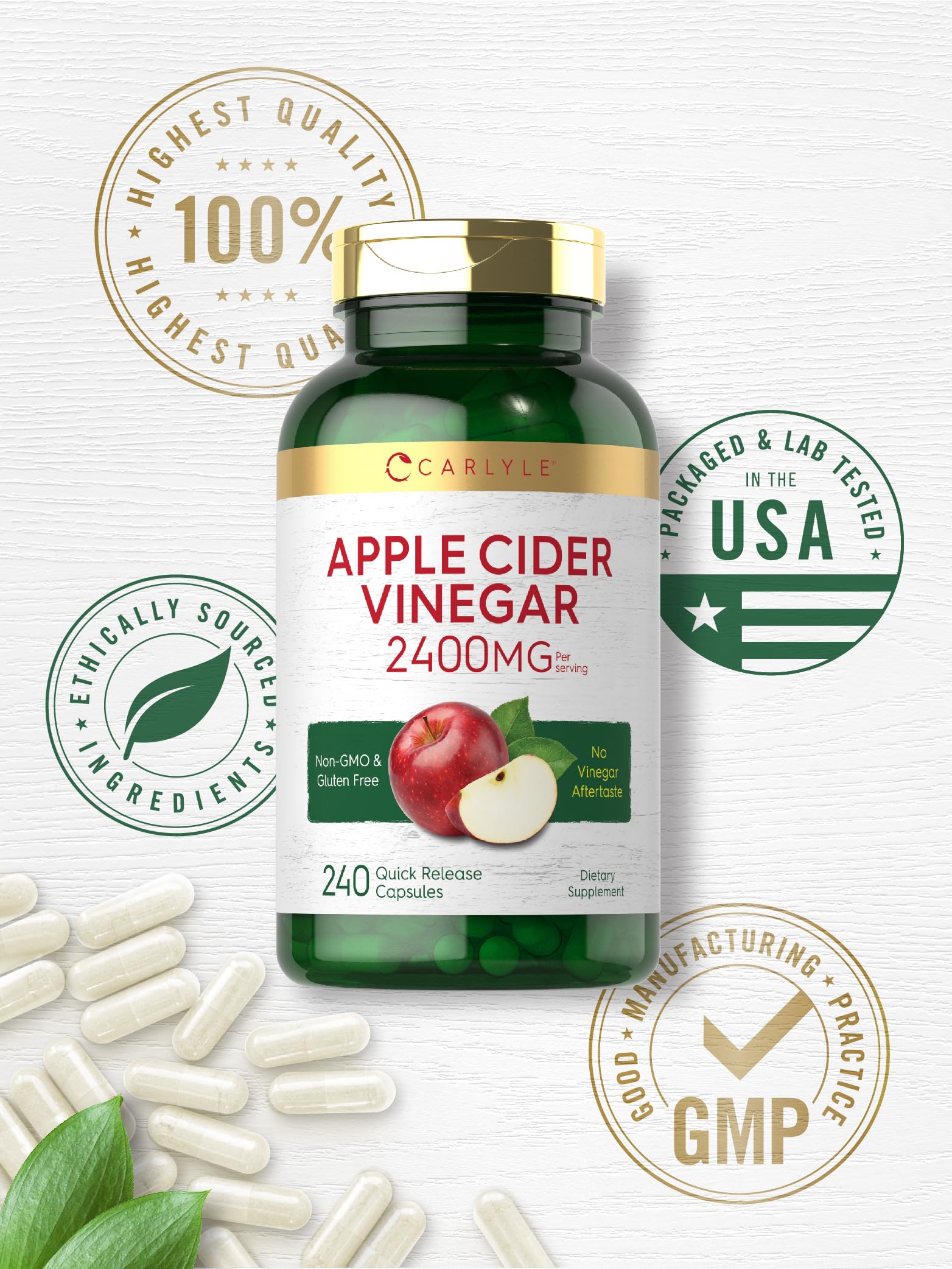 Carlyle Apple Cider Vinegar Capsules | 2400mg | 240 Count | Non-GMO, Gluten Free Supplement