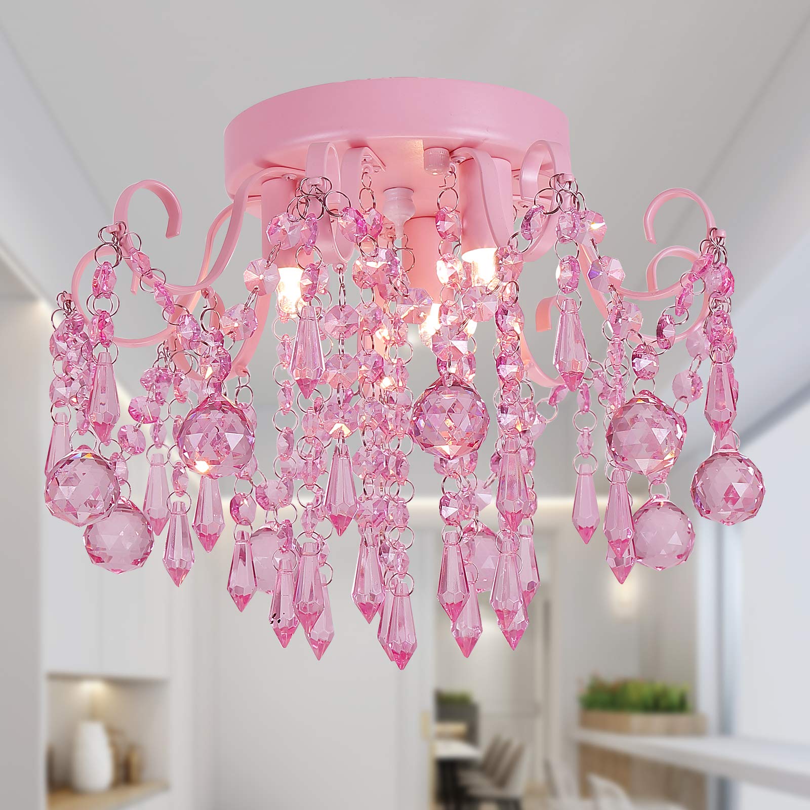 Q&S Mini Chandelier Crystal,Semi Flush Mount Pink Girl Chandelier, Small Crystal Ceiling Light Fixture Bedroom Bathroom Closet Nursery 3 Lights