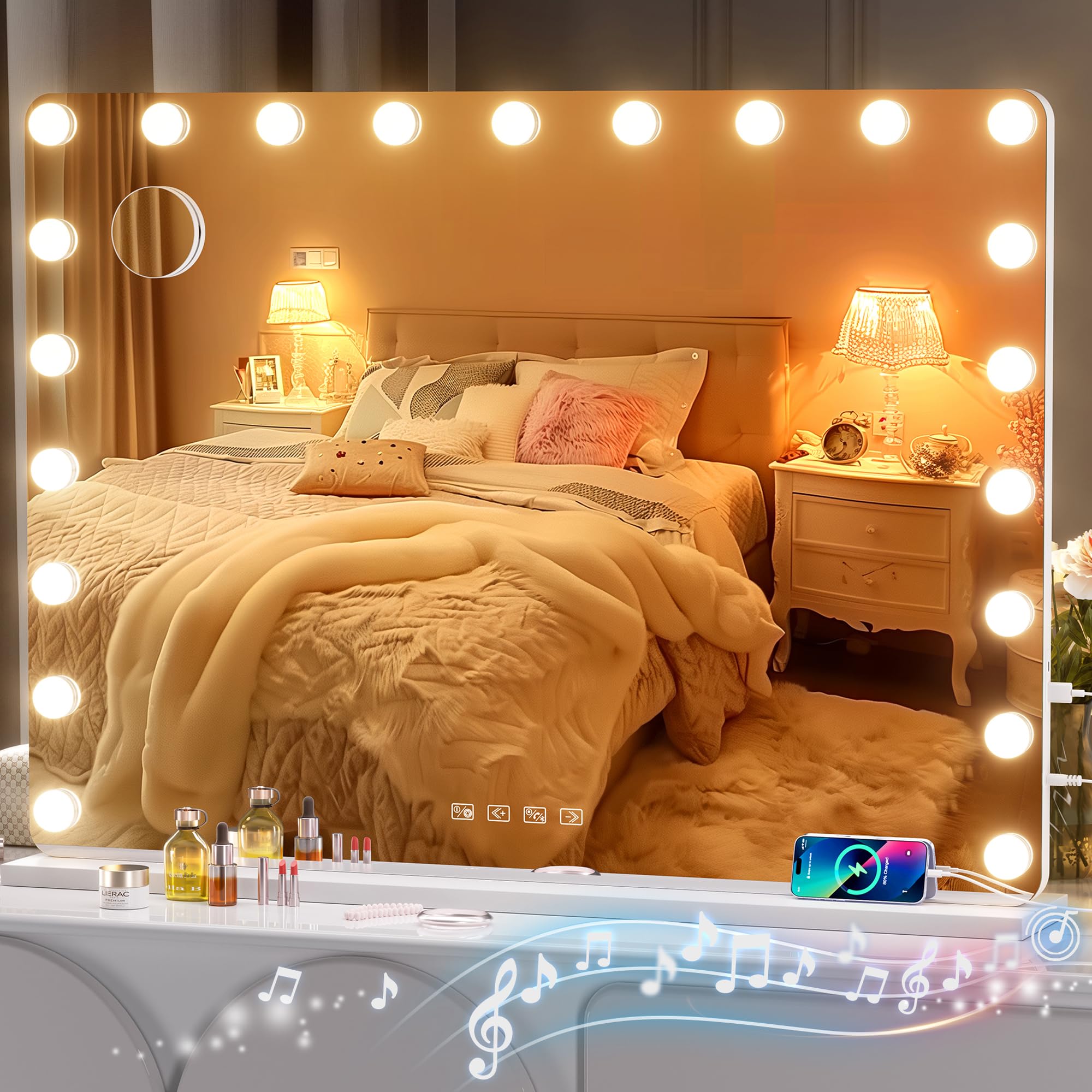 Hasipu Vanity Mirror with Lights and Bluetooth Speaker, 39.4" x 28.7" Hollywood Makeup Mirror with 21 Dimmable Bulbs and 10X Magnification, 3 Colors Modes, USB Charging Port, Type-C (White)