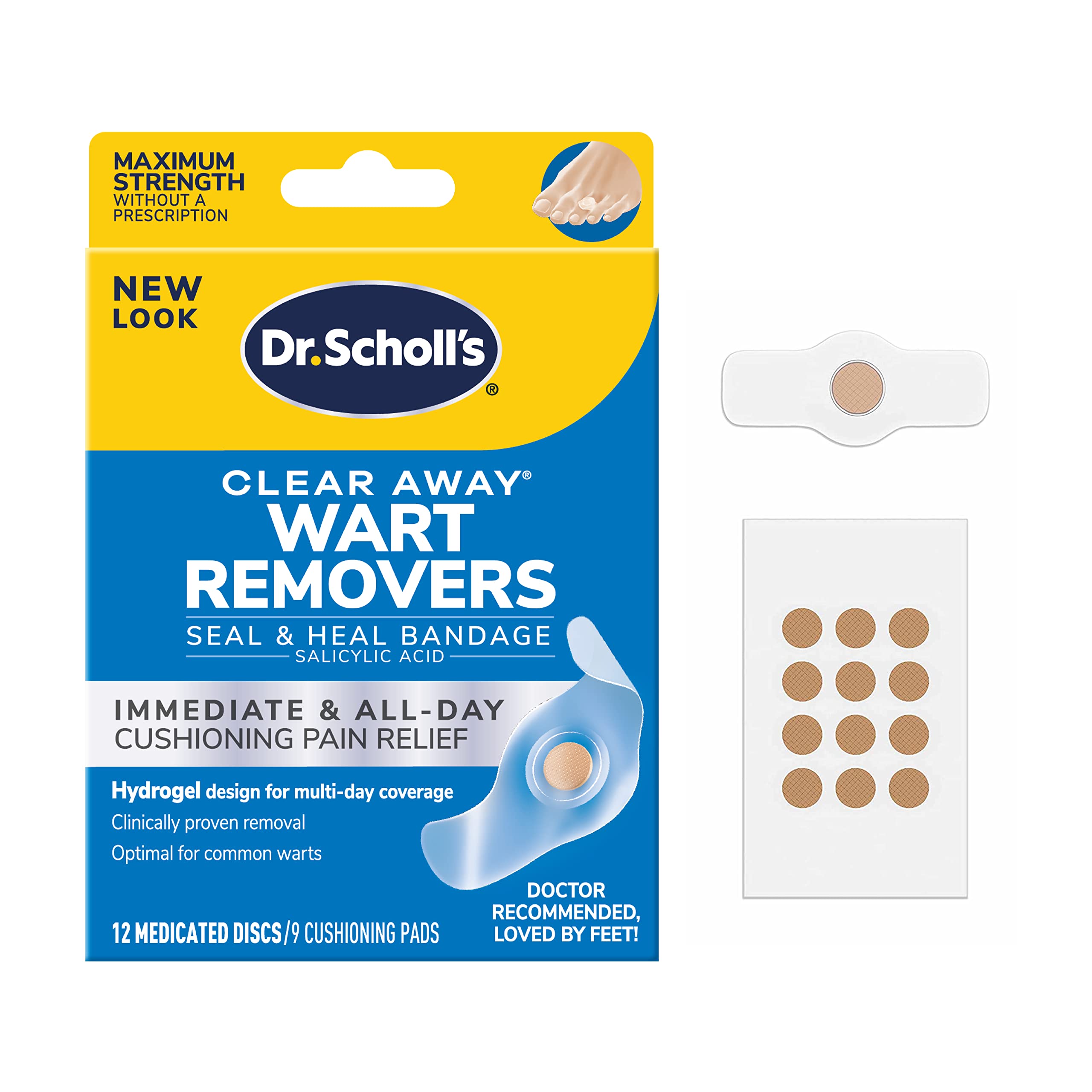 Dr. Scholl's Clear Away WART Remover HYDROGEL Bandage // 12 Discs/9 Cushions, Clinically Proven, Immediate & All-Day Cushioning Pain Relief, Multi-Day Coverage, 12 Treatments