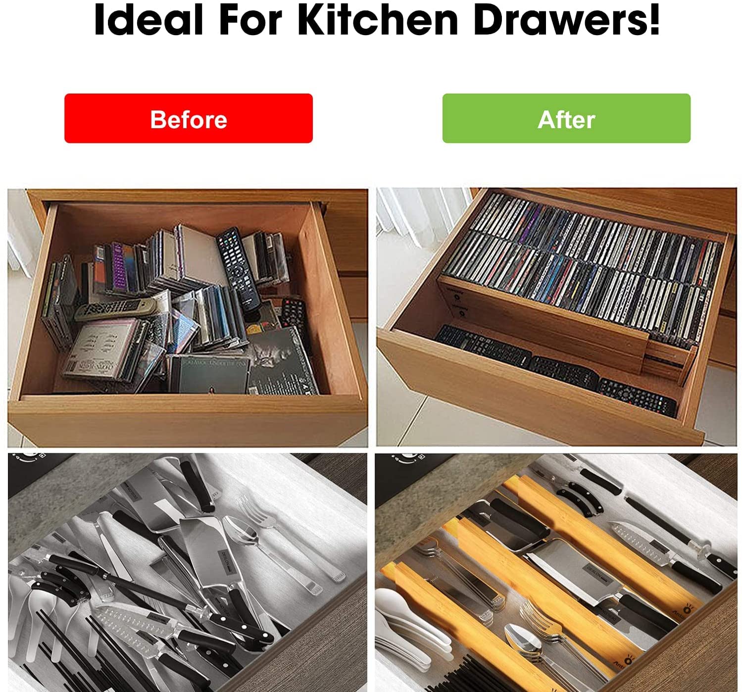 ANTOWIN Bamboo Drawer Dividers Organizers 16pcs, Expandable Drawer Separators Splitter, 17-22 inches Long Adjustable Spring-loaded Organizer for Large Utensil, Clothes, Tools Drawers (8+8)