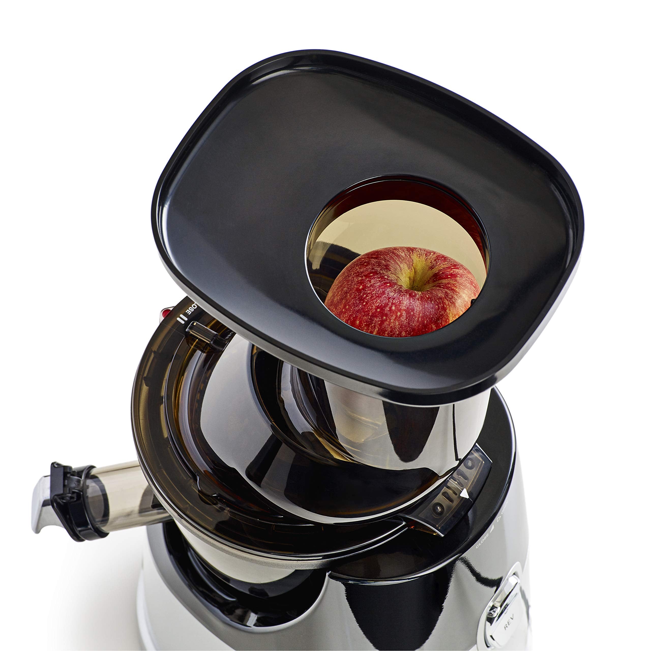 Omega MegaMouth Vertical Low Speed Quiet Juicer with Smart Cap Spout Tap, 240-Watt, Silver