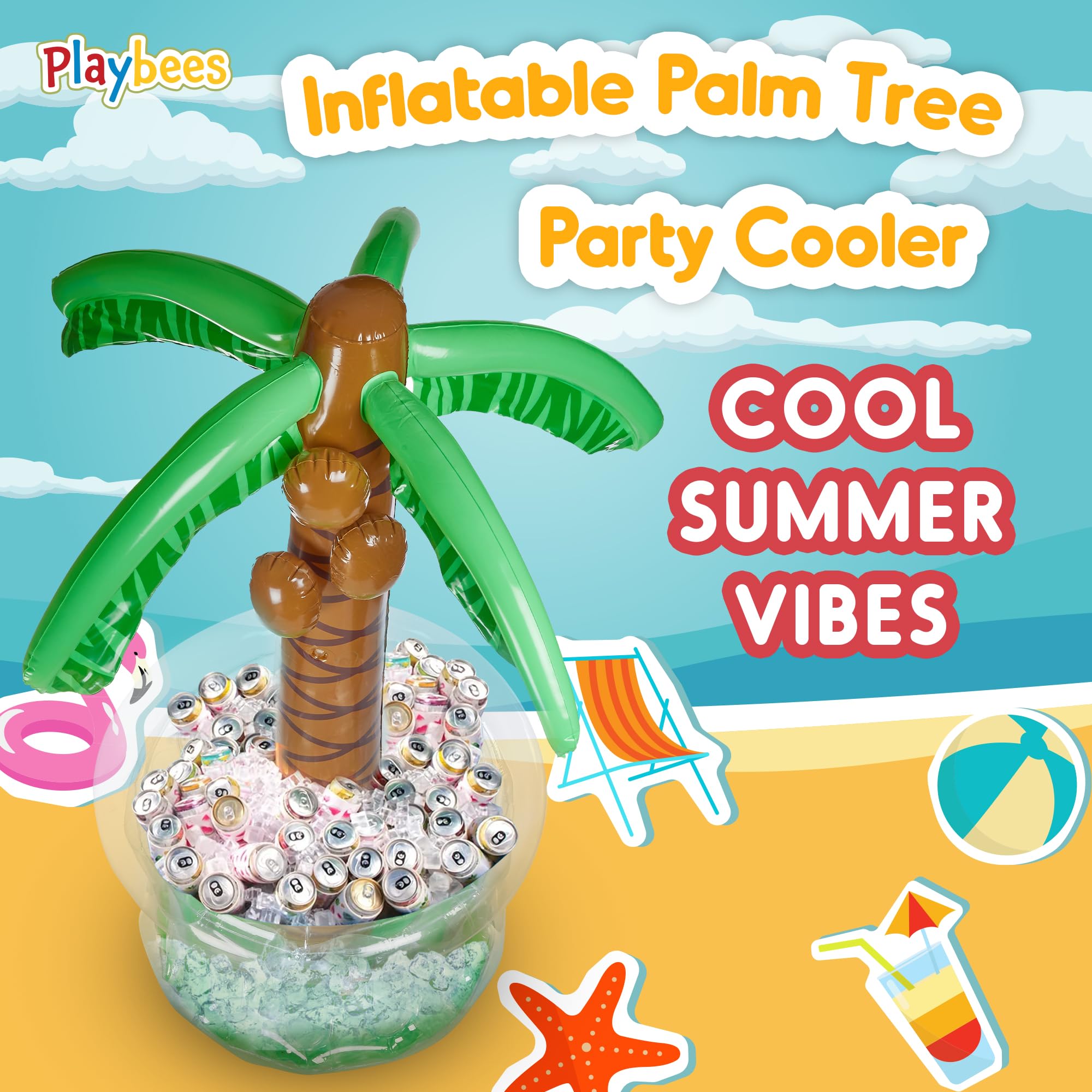 Playbees Inflatable Palm Tree Cooler 60" - Blow Up Palm Tree Party Cooler, Luau Hawaiian Tropical Beach Theme, Summer Swimming Pool Party Decorations - Outdoor Party Supplies - Kids Adults Birthday