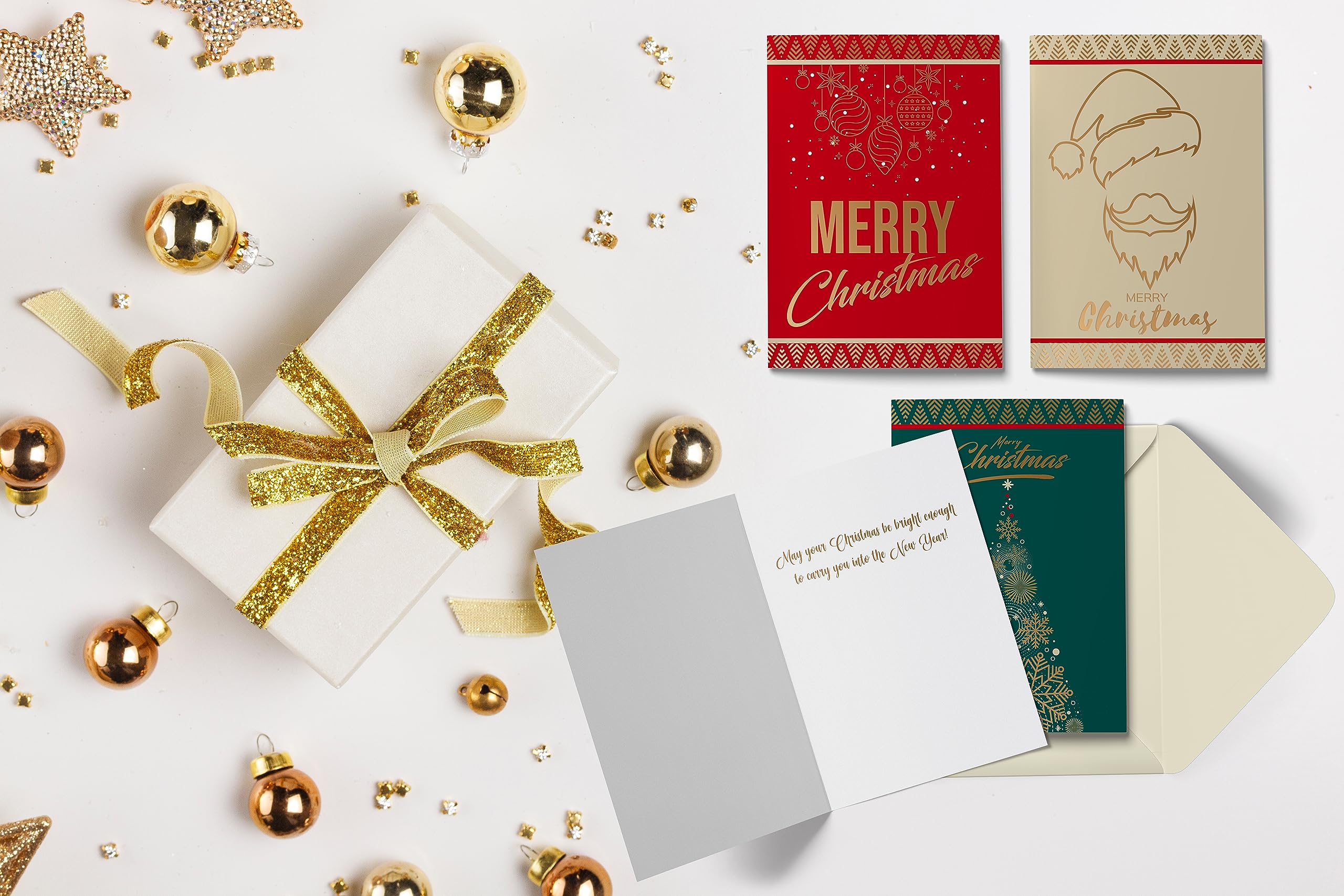 Better Office Products 50 Pack Christmas Cards with Gold Foil Iconic Images, 5" x 7", High Gloss, Gold Foil Interior Greeting, with 50 Envelopes, 50 Count Boxed Set