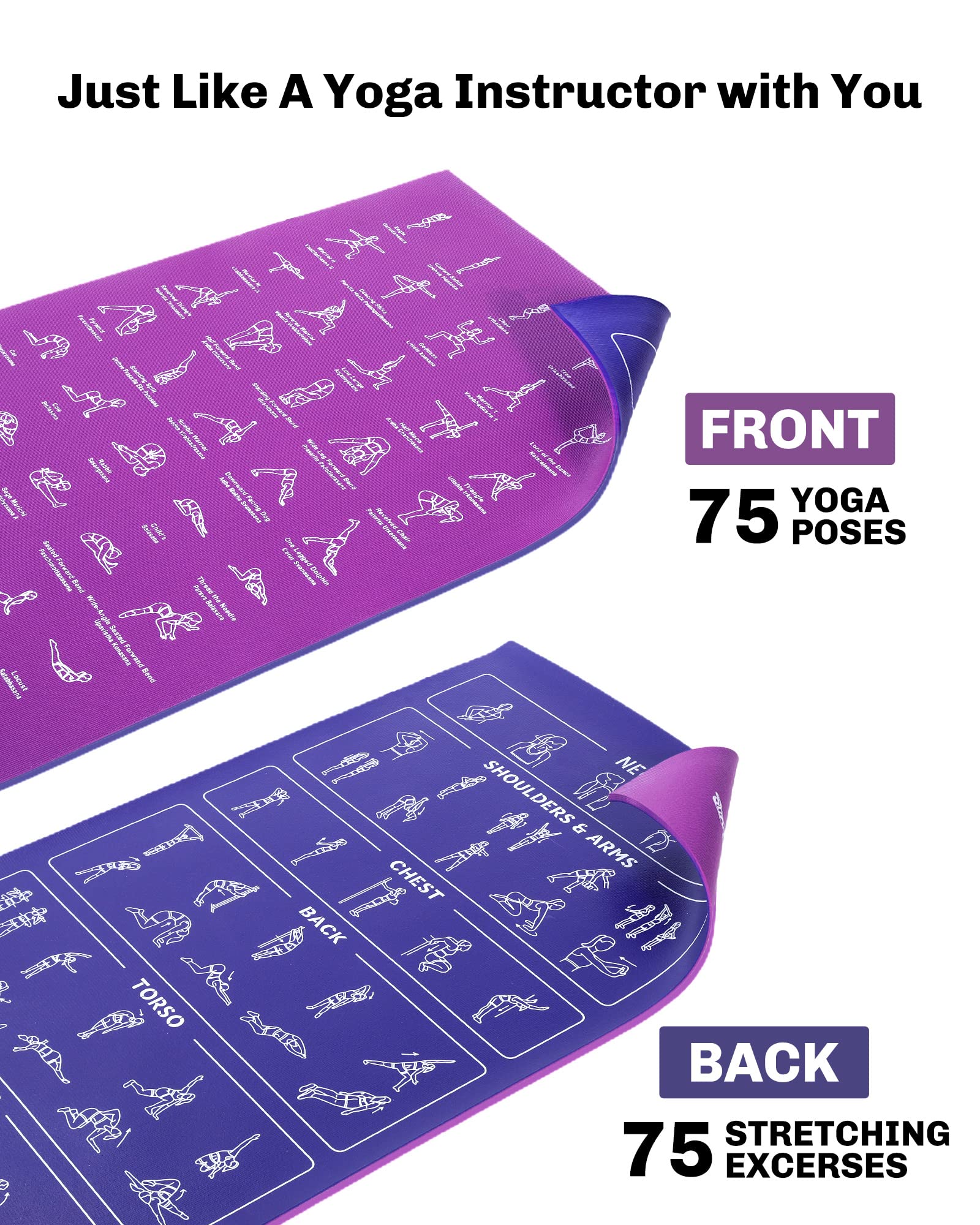 Upgrade New Instructional Yoga Mat with 75 Poses Printed on It, 6mm Travel Yoga Mat with Bag Christmas Gifts for Women and Men, 1/4 Inch Extra Thick Non-Slip (Purple/Blue)