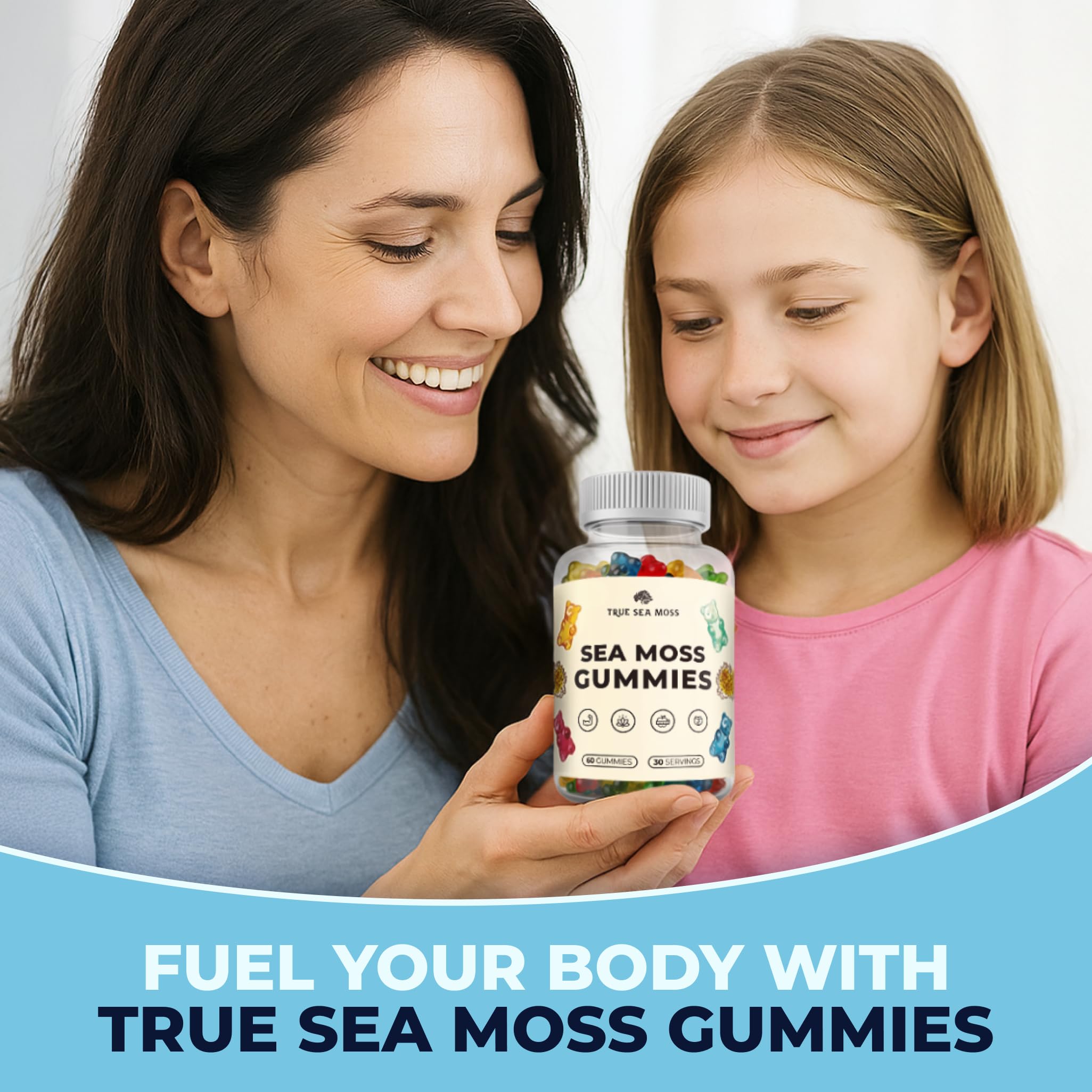 TrueSeaMoss Irish Sea Moss Gummies with Burdock Root & Bladderwrack - Vegan Seamoss Supplement for Women, Men & Kids, Non-GMO, 60 Sea Moss Gummies