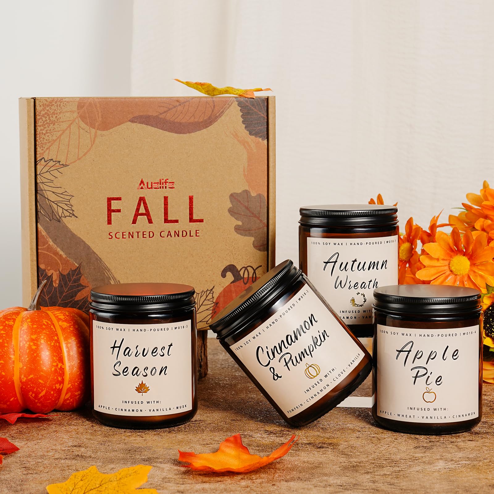 Winter Fall Candle Set | 4 Pack Christmas Fall Candles for Home - Christmas Gifts for Women Men, Fall Holiday Soy Candles | Holiday Celebration Scents of - Apple Pie/Cinnamon/Harvest/Wreath