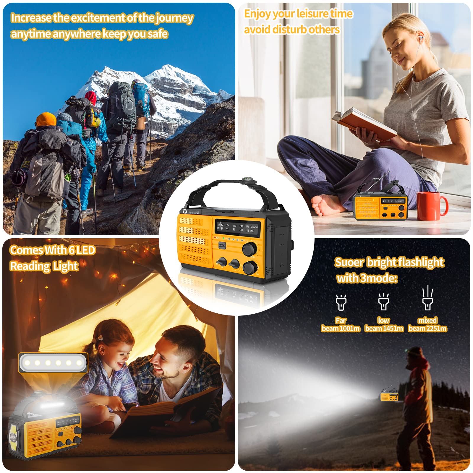 Emergency-Radio,Puiuisoul 8000mAh Portable Weather Solar Radios with Hand Crank,Reading Lamp,3 Gear LED Flashlight,SOS Alarm,AM/FM/NOAA,Headphone Jack