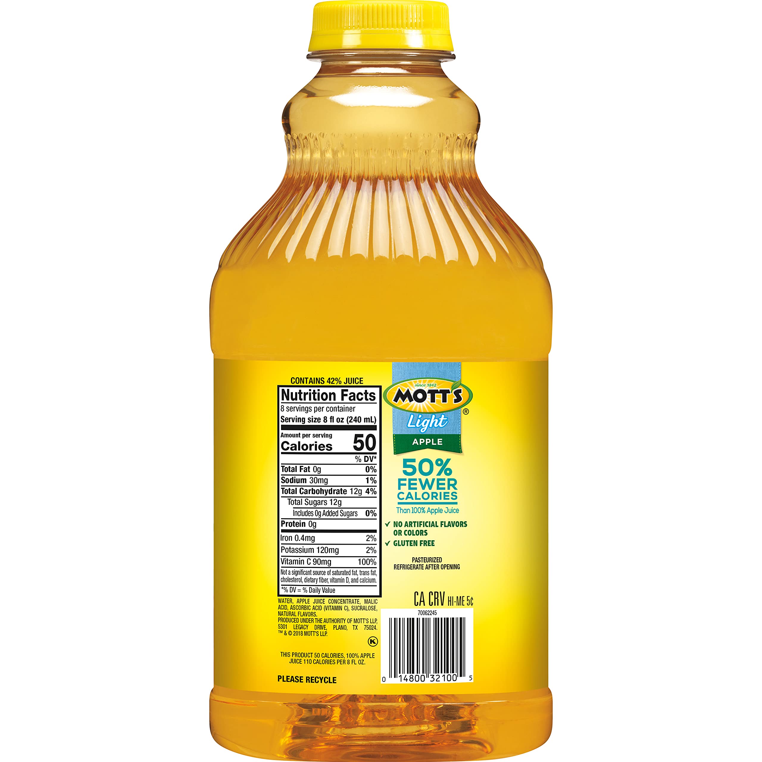 Mott's Apple Light Juice Drink, 64 Fl Oz Bottle (Pack Of 8), 42% Fruit Juice With 50% Fewer Calories Than 100% Apple Juice, Excellent Source Of Vitamin C