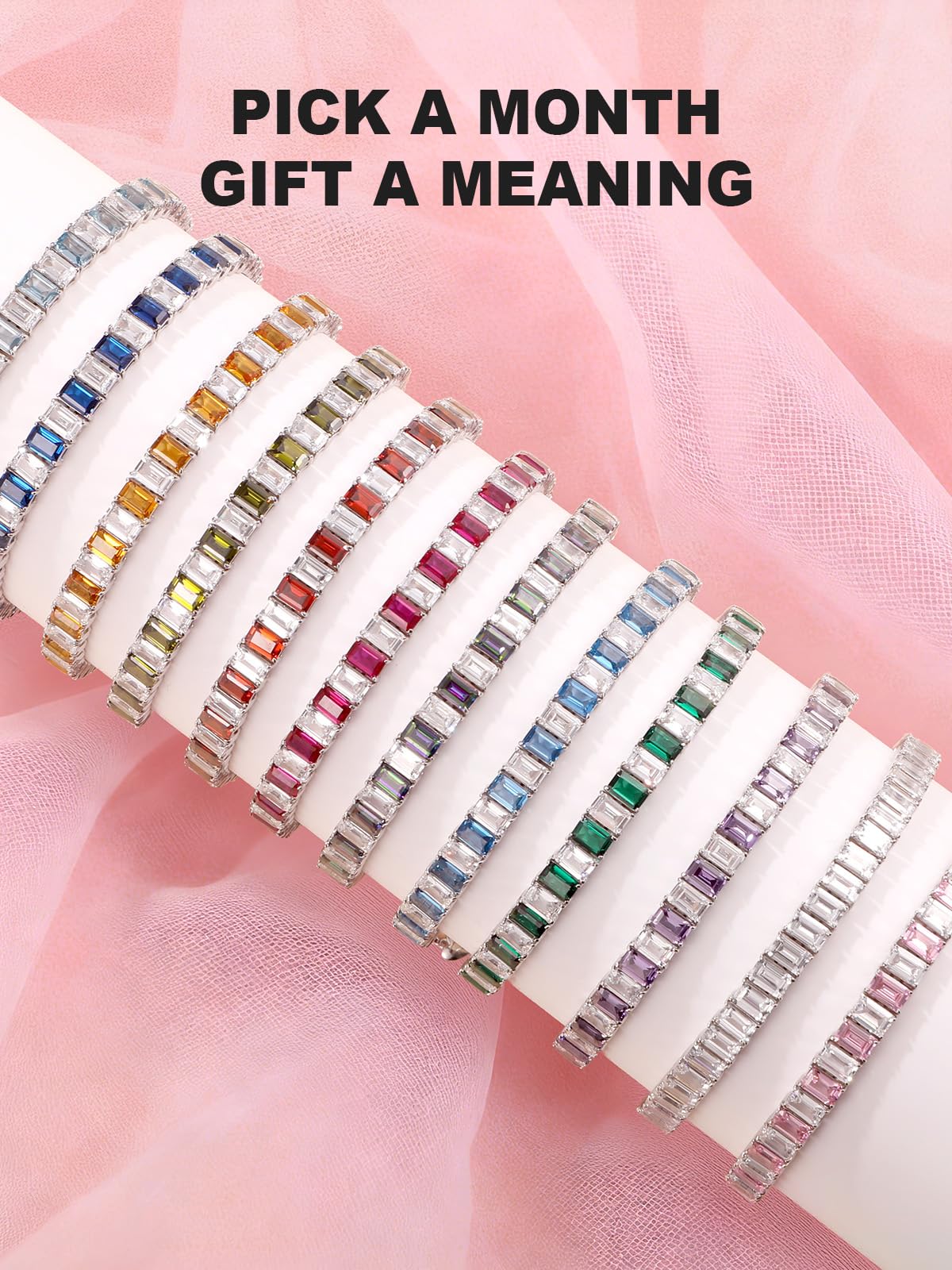 ETERMBOL White Gold Plated Sterling Silver Birthstone Bracelets for Women, Adjustable 6-9 Inches Hypoallergenic Tennis Bracelets,Gifts for Anniversary/Birthday/Valentine's Day