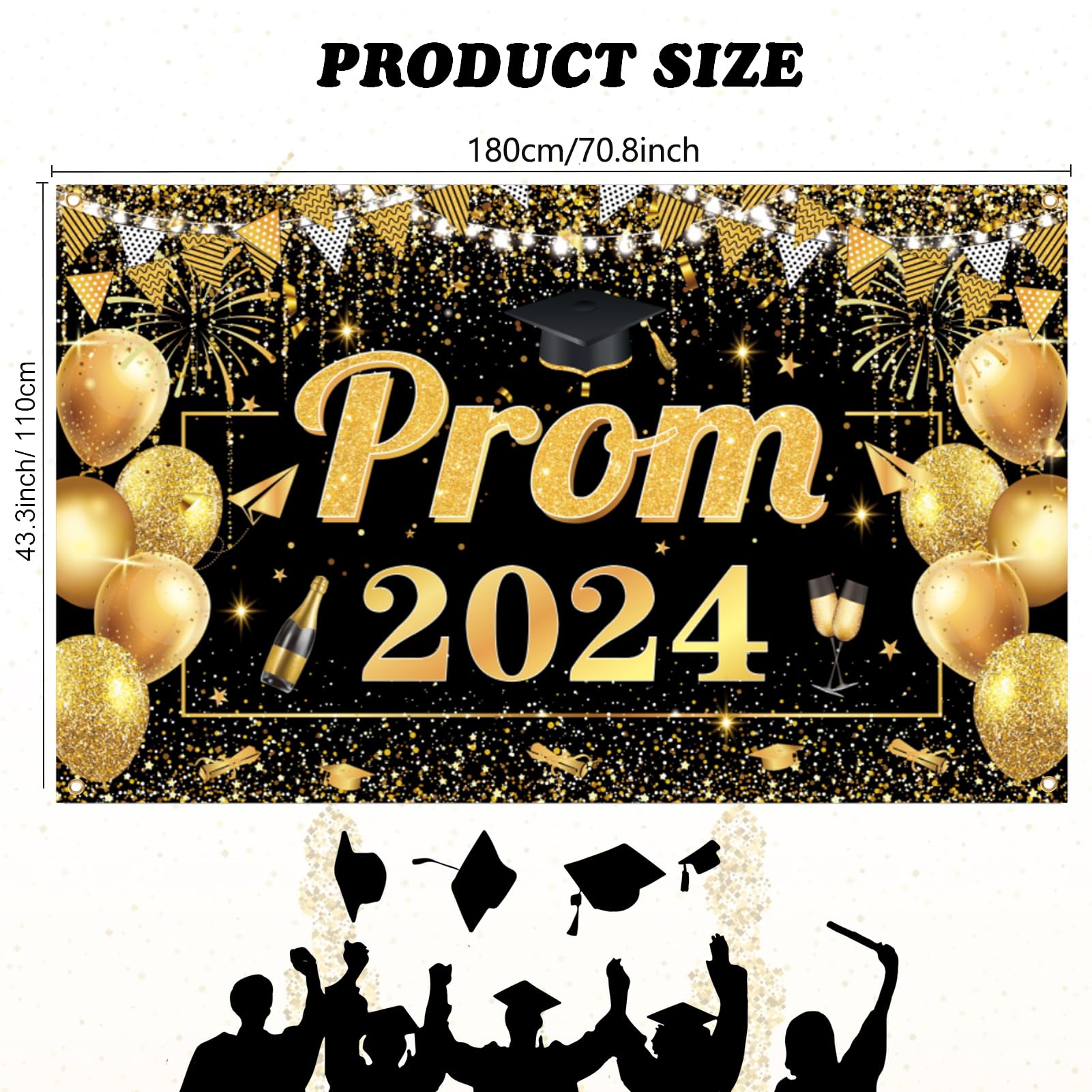 Qpout Prom 2024 Backdrop Black Gold Graduation Prom Night Class of 2024 Background Banner for Indoor Outdoor Grad University Student Graduation Prom Party Decorations,70.8 * 43.3inch