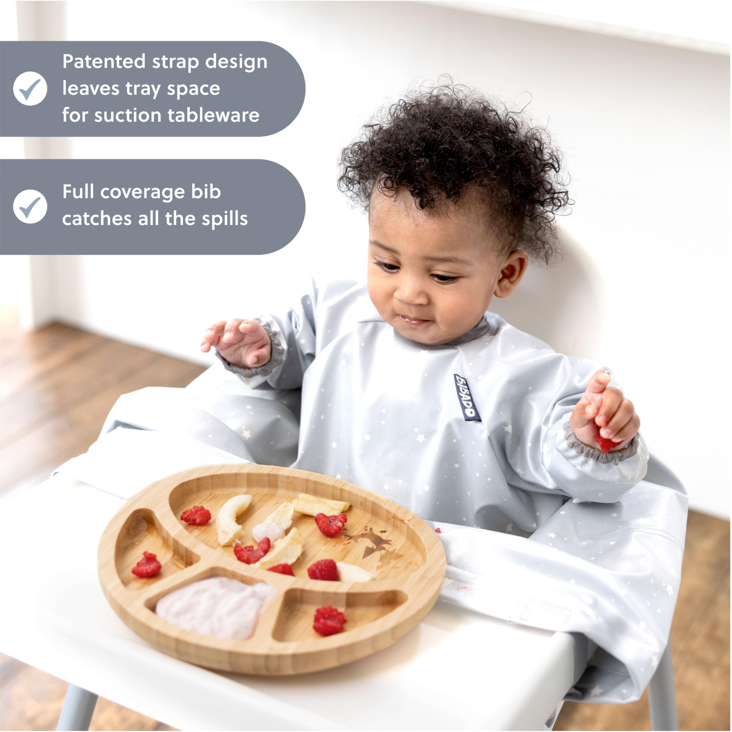 BIBaDO Long Sleeve Coverall Bib – Babies & Toddlers 6-36. Mess Proof Baby Feeding Bib Attaches To Highchairs, Pushchairs, Tables. 100% Waterproof, Machine Washable