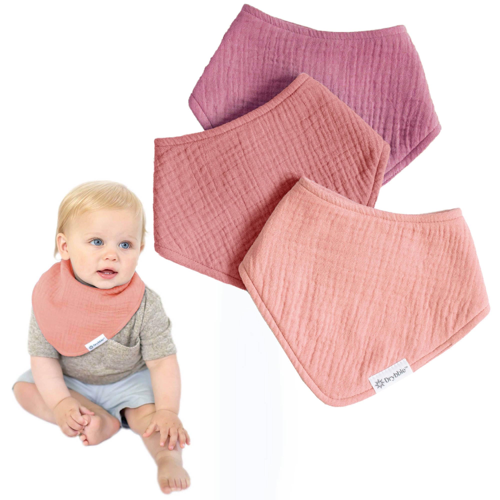 Drybble Waterproof Muslin Bandana Baby Bibs - 100% Organic Cotton Exterior - Ultra Absorbent 4 Layers for Drooling & Teething (Rosé All Day)