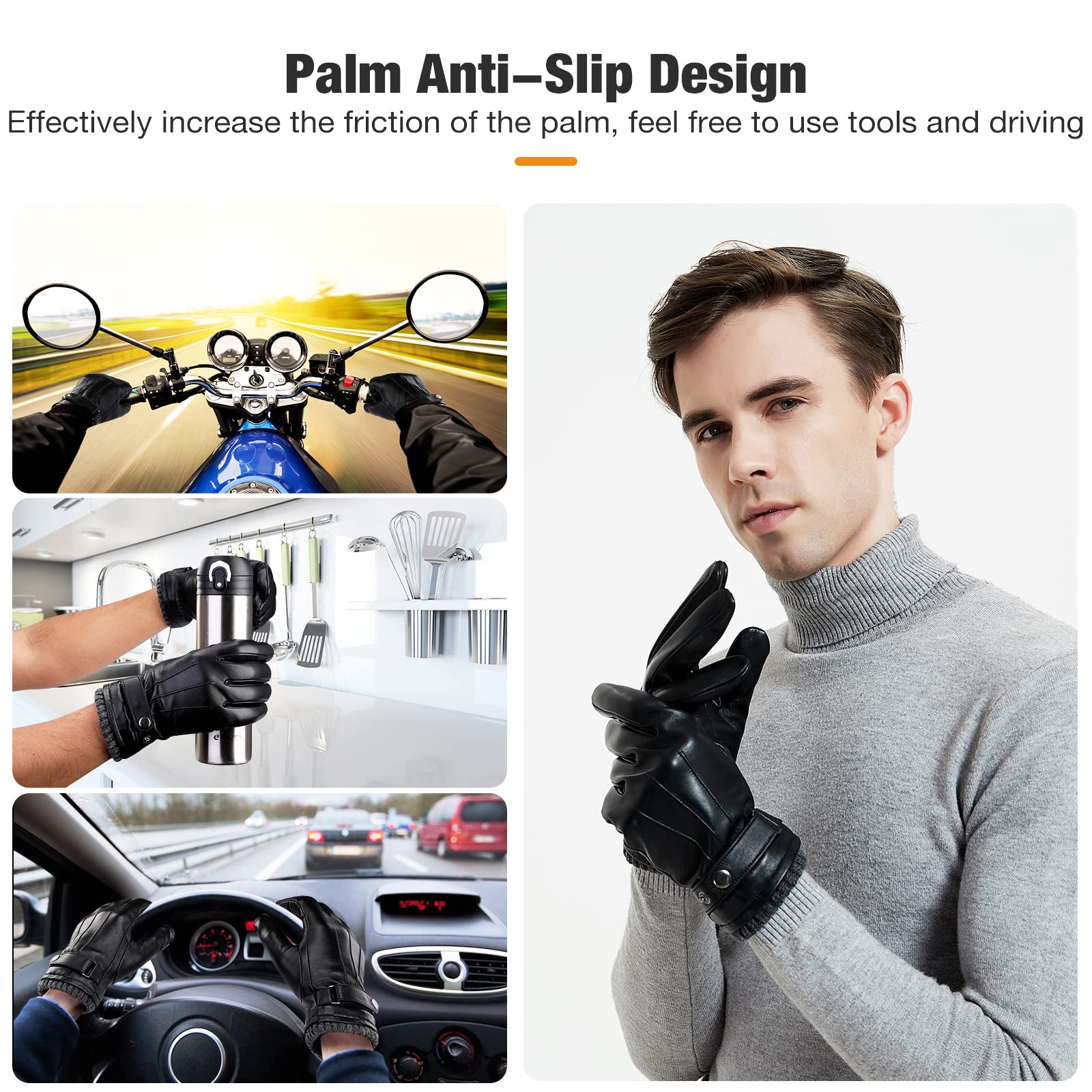 Aegend Sheepskin Leather Gloves for Men, Soft Warm Cashmere Lining Full Hand Touchscreen Winter Gift Thermal Black