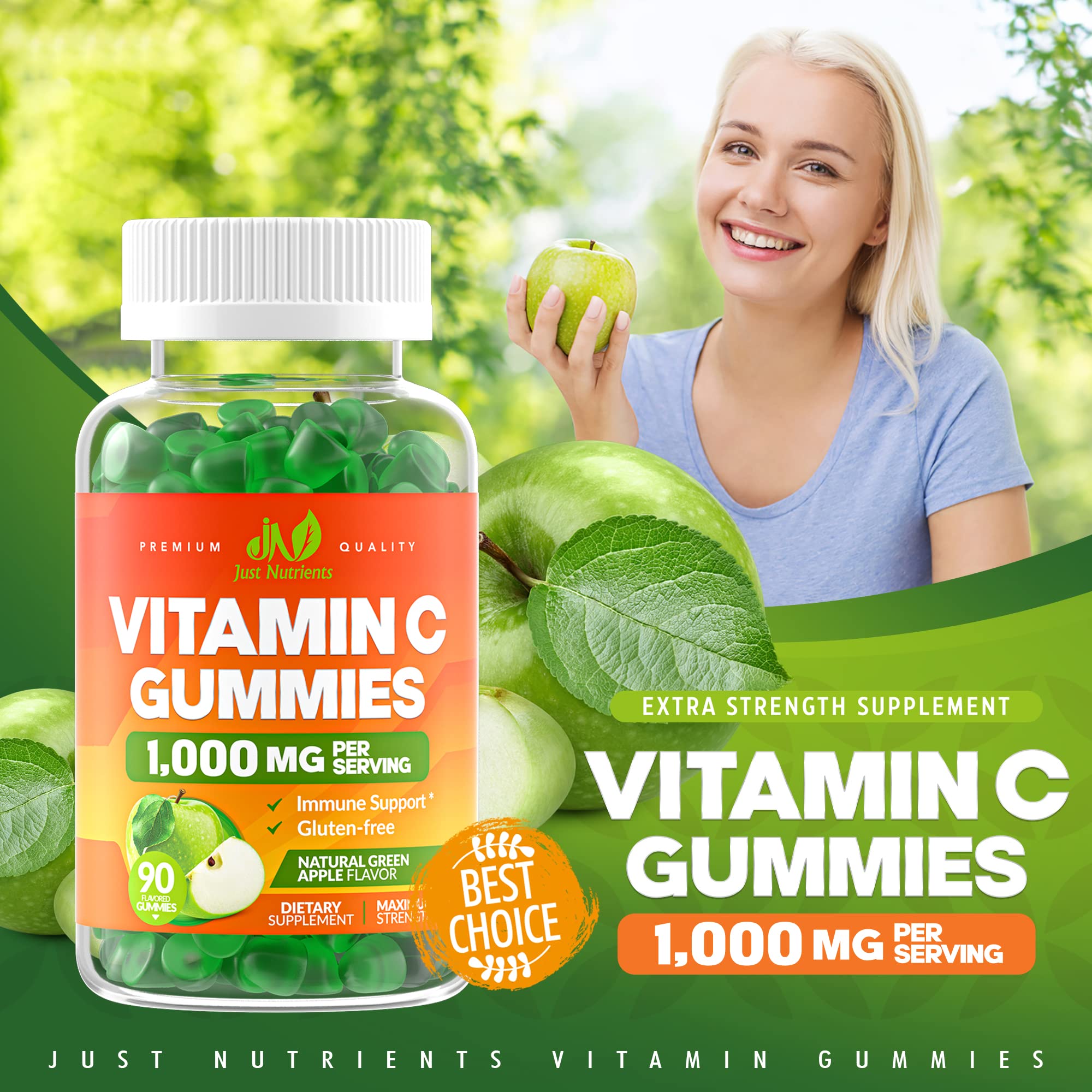 Vitamin C 1000mg Gummies for Adults & Kids - Maximum Strength Immune Support, Collagen Support for Skin - Sour Green Apple Flavor - Gluten Free, Non-GMO, 100% Vegetarian - 90 Gummies (30 Servings)