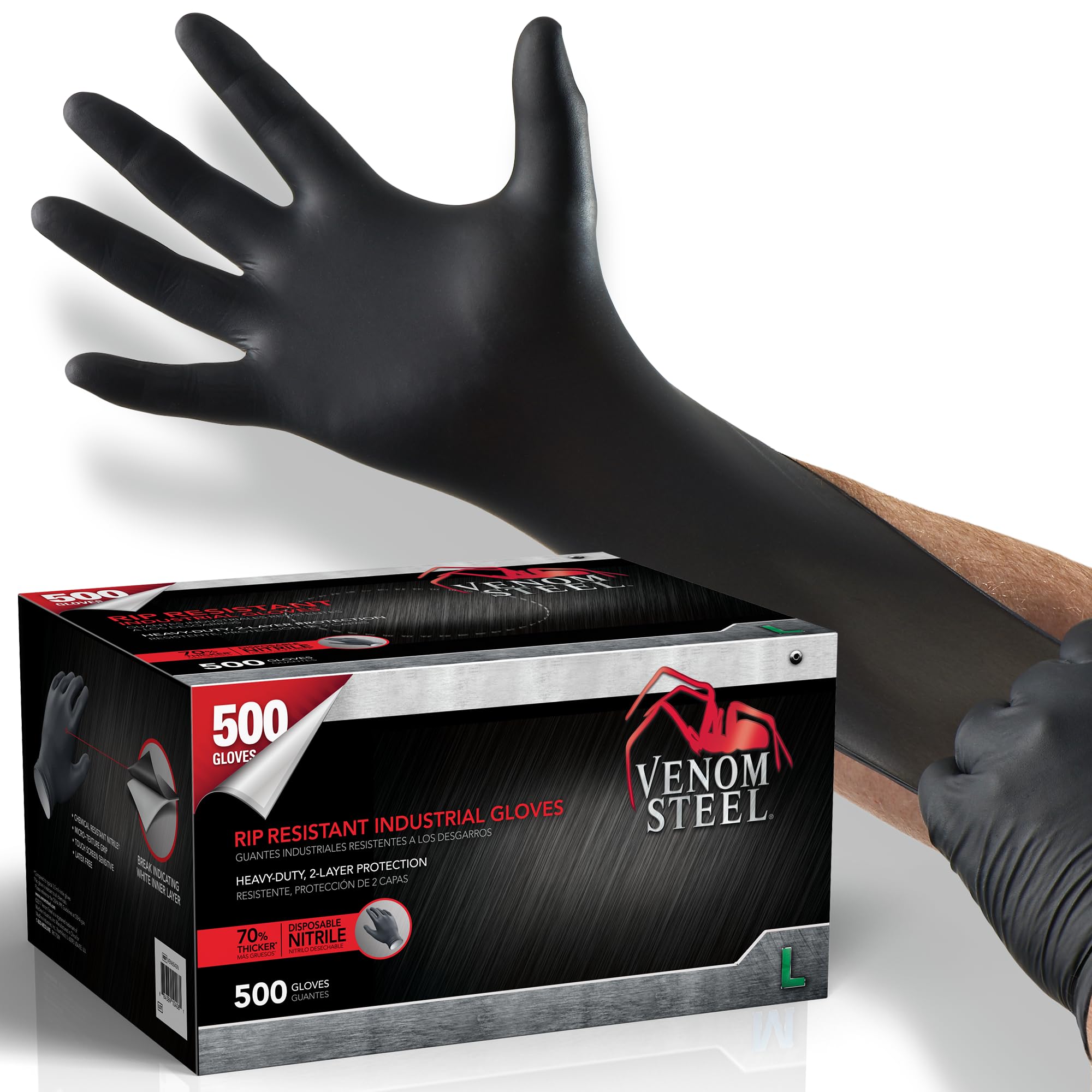 Venom Steel Industrial Nitrile Gloves, Chemical Resistant Disposable Black Gloves, Latex-Free, Powder-Free, Textured Grip, Heavy Duty Two-Layer Protection, 6 mil, Large (Pack of 500)