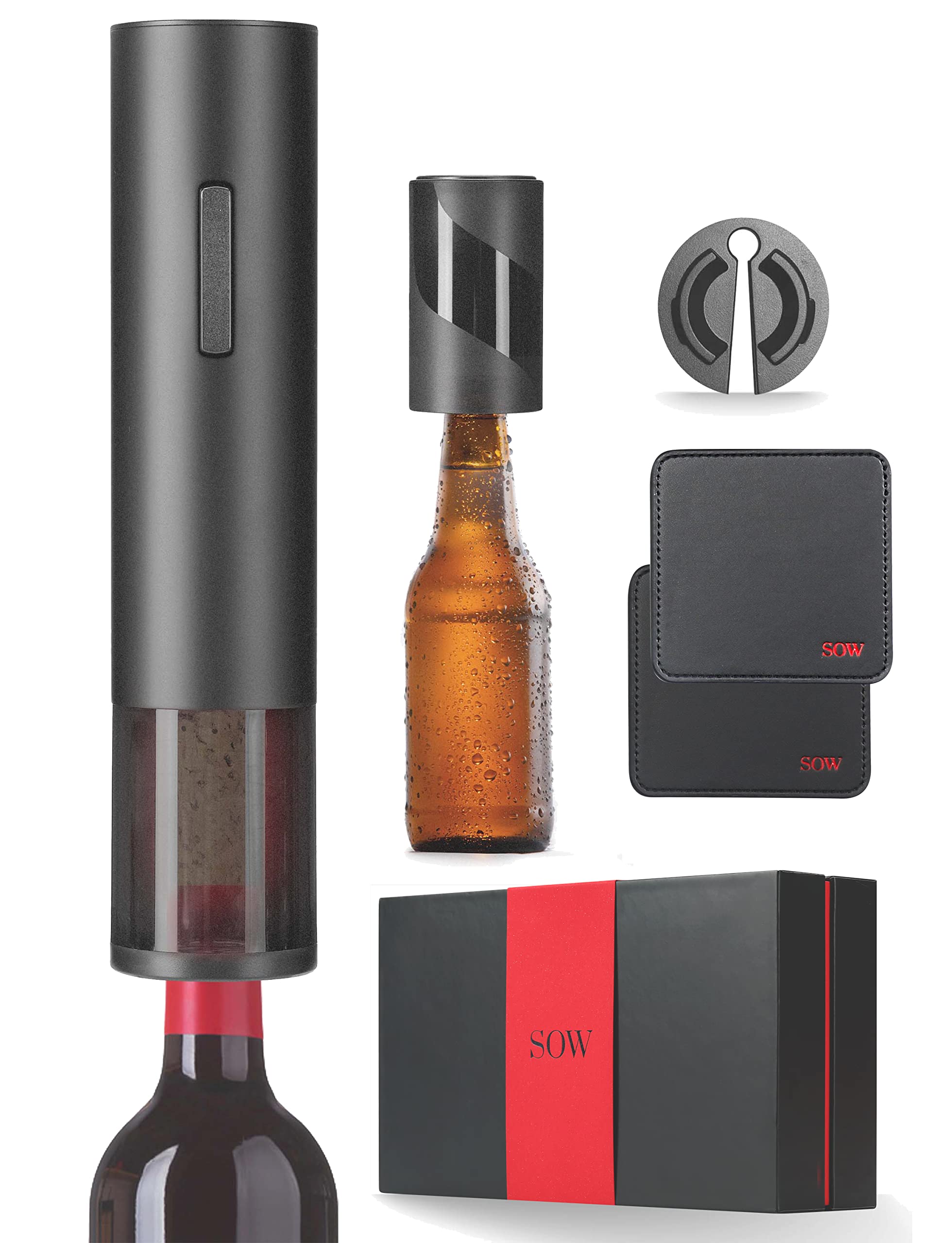 SOW - Electric Wine Opener with Foil Cutter + Redesigned Beer/Soda Bottle Opener + 2 Leather Coasters - Storage/Gift Box