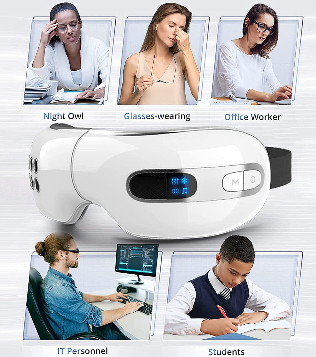 Huhubol Eye Massager with Heat and Cooling for Migraines, Relax Eye Strain Dry Eyes, Music Heated Eye Massager Reduce Dark Circles Puffiness, Eye Mask Massager Improve Sleeping Christmas Gifts(White)