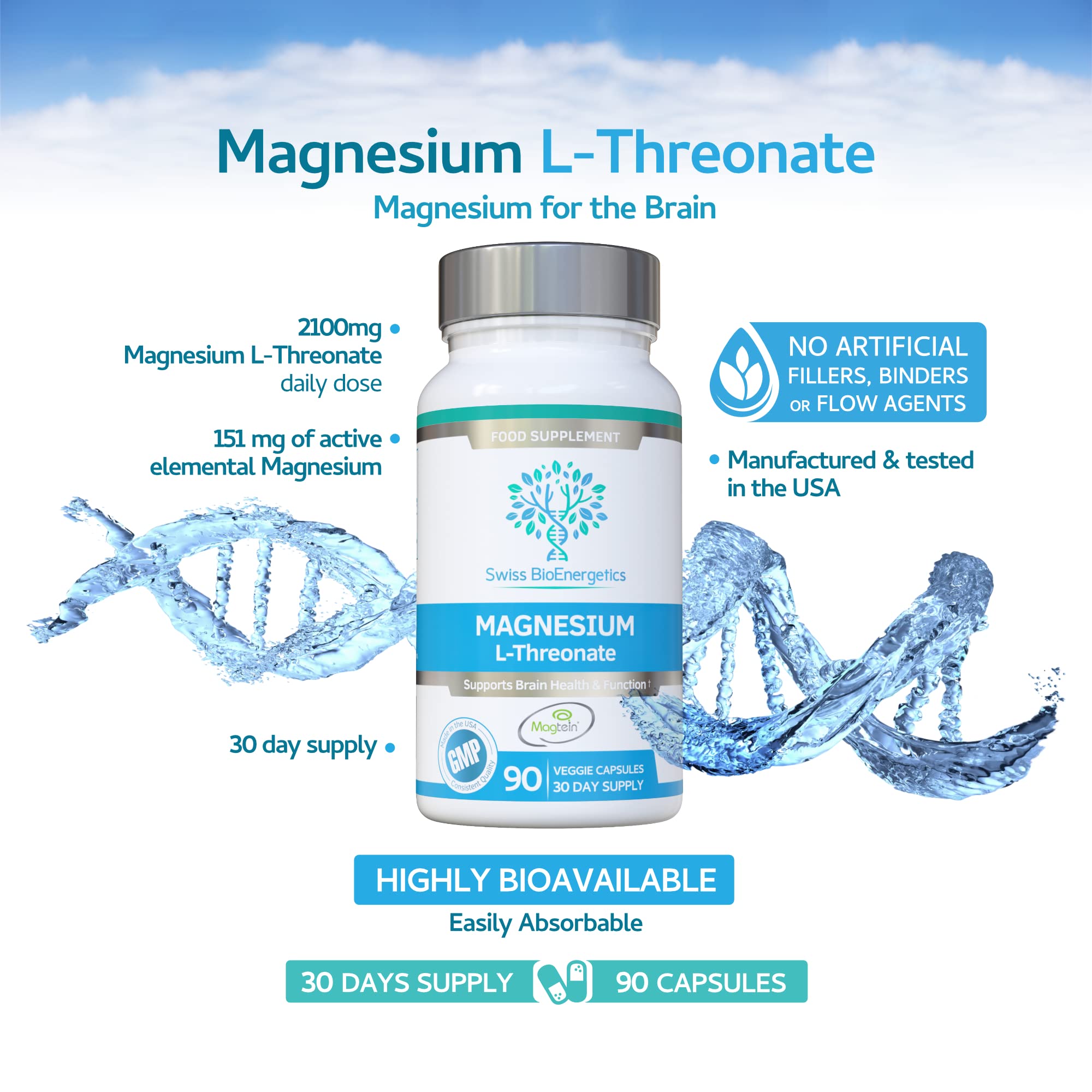 Magnesium L-Threonate as Magtein 2100mg Daily Dose - 90 Capsules - No Artificial Fillers, Binders or Flow Agents - Magnesium for Brain Health - Made in The USA