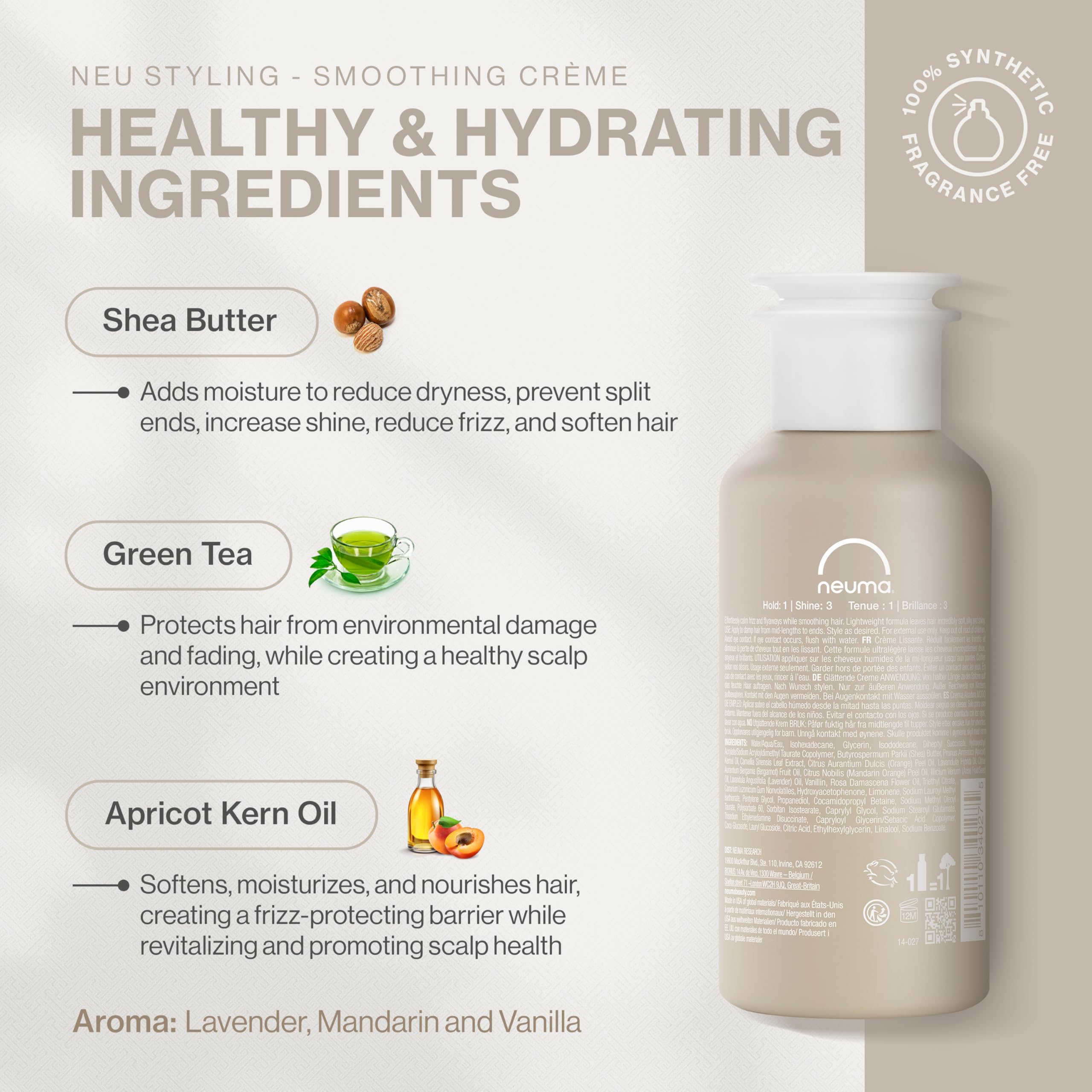 NEUMA Neu Styling Smoothing Crème 6.7 Fl. Oz. Anti-Frizz Styling Cream with Lavender, Mandarin & Vanilla Scent, Hair Smoothing Cream