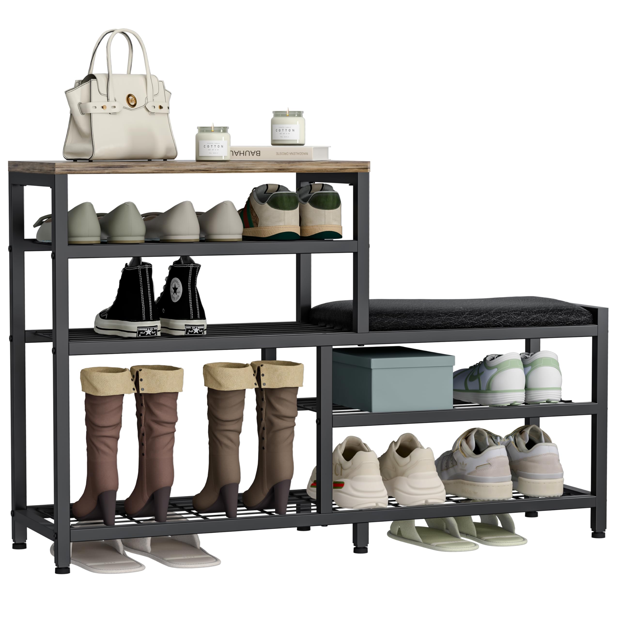 X-cosrack Stylish 5-Tier Shoe Rack Bench with Seat - Entryway Storage Organizer in Industrial Design Brown Black