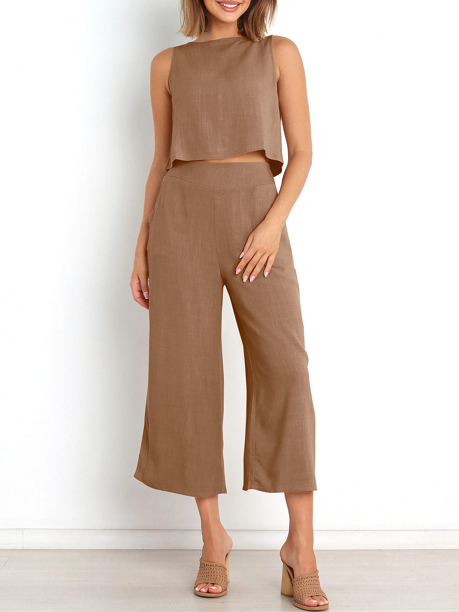 ANRABESS Women's Summer 2 Piece Outfits Sleeveless Crop Top Capri Wide Leg Pants Jumpsuit Casual Linen Lounge Matching Sets Beach Travel 2024 Trendy Clothes Light Brown Medium