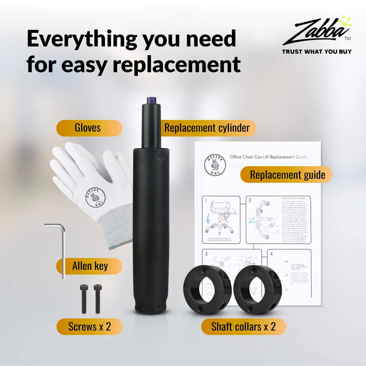 Office Chair Cylinder Replacement - Includes Removal Tool, Gloves, Gas Cylinder w/Hydraulic Piston