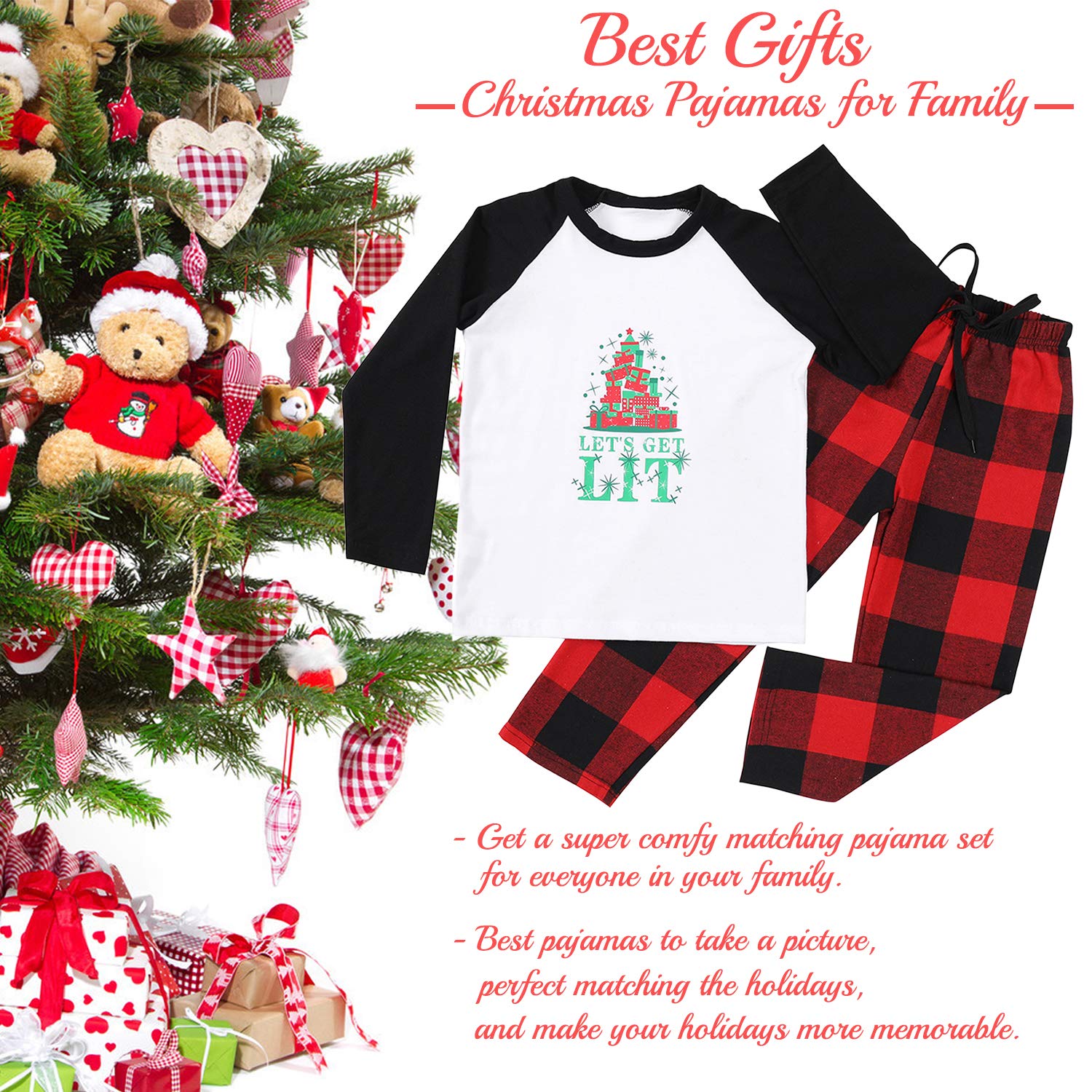 Matching Christmas Pajamas Set for Family , Let's Get Lit Printed Pjs for Women Men, Holiday Cute Funny Letter Print Top and Plaid Pants Xmas Sleepwear Set for Couples (Youth, 4-5T, White LIT)