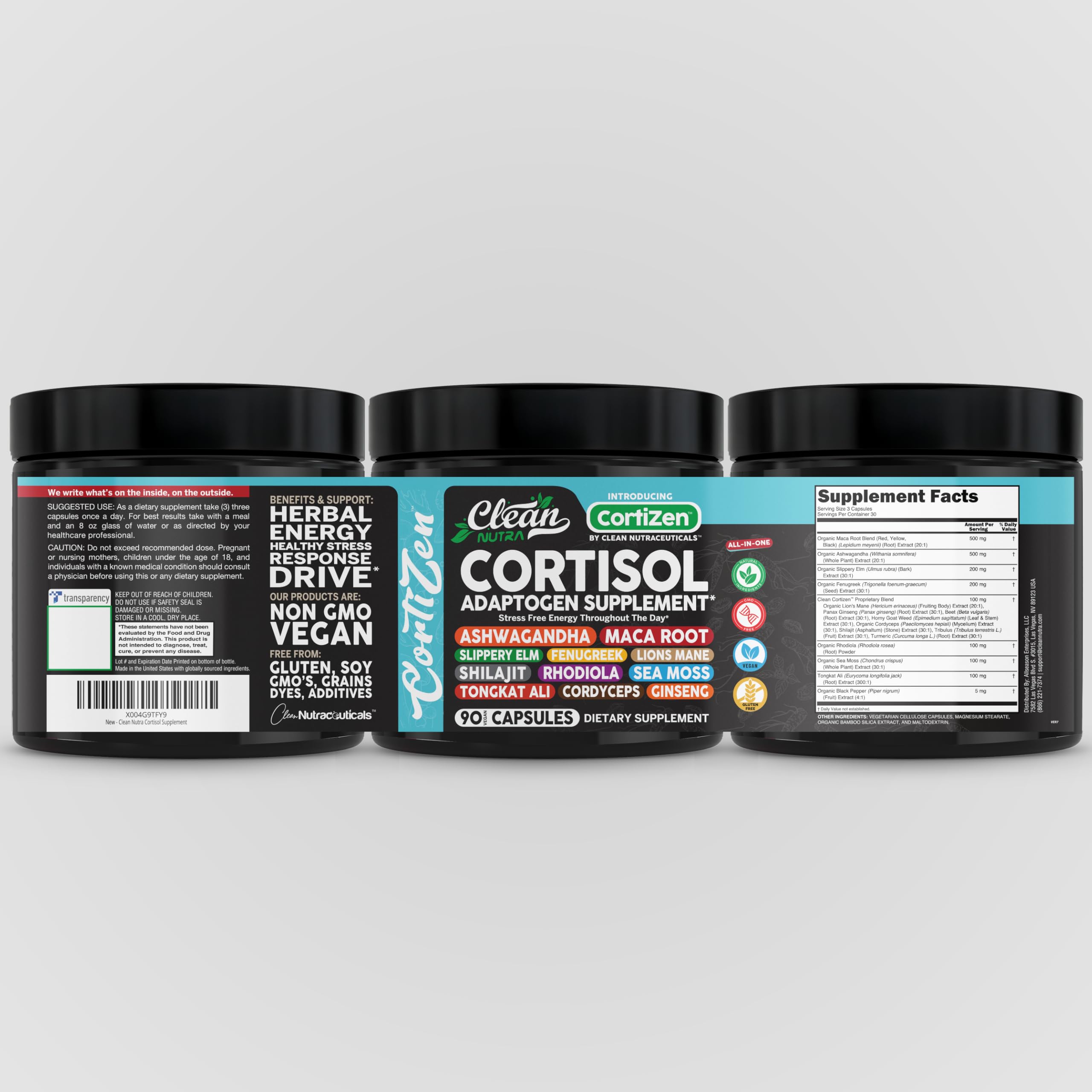 Clean Nutra Cortisol Supplements For Women | Maca Root Ashwagandha Cortisol Detox Manager Reducer + Slippery Elm Fenugreek Lions Mane Shilajit Rhodiola Sea Moss Tongkat Ali Cordyceps Ginseng Beet Root