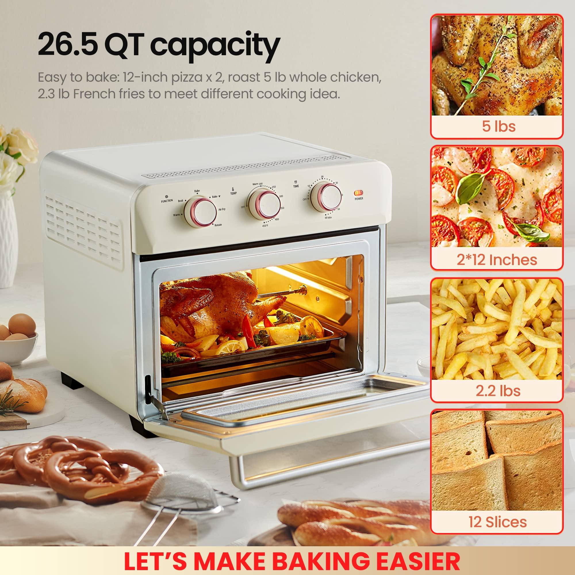 Hauswirt 26.5Qt Countertop Conventional Oven K5M, XL Air Fryer 6-Slice Toaster Reheat Bake Rotisserie Broil Dehydrate 10-in-1 Combo,1600 Watts,Non-Stick,Stainless Steel,Online Recipe Booklet