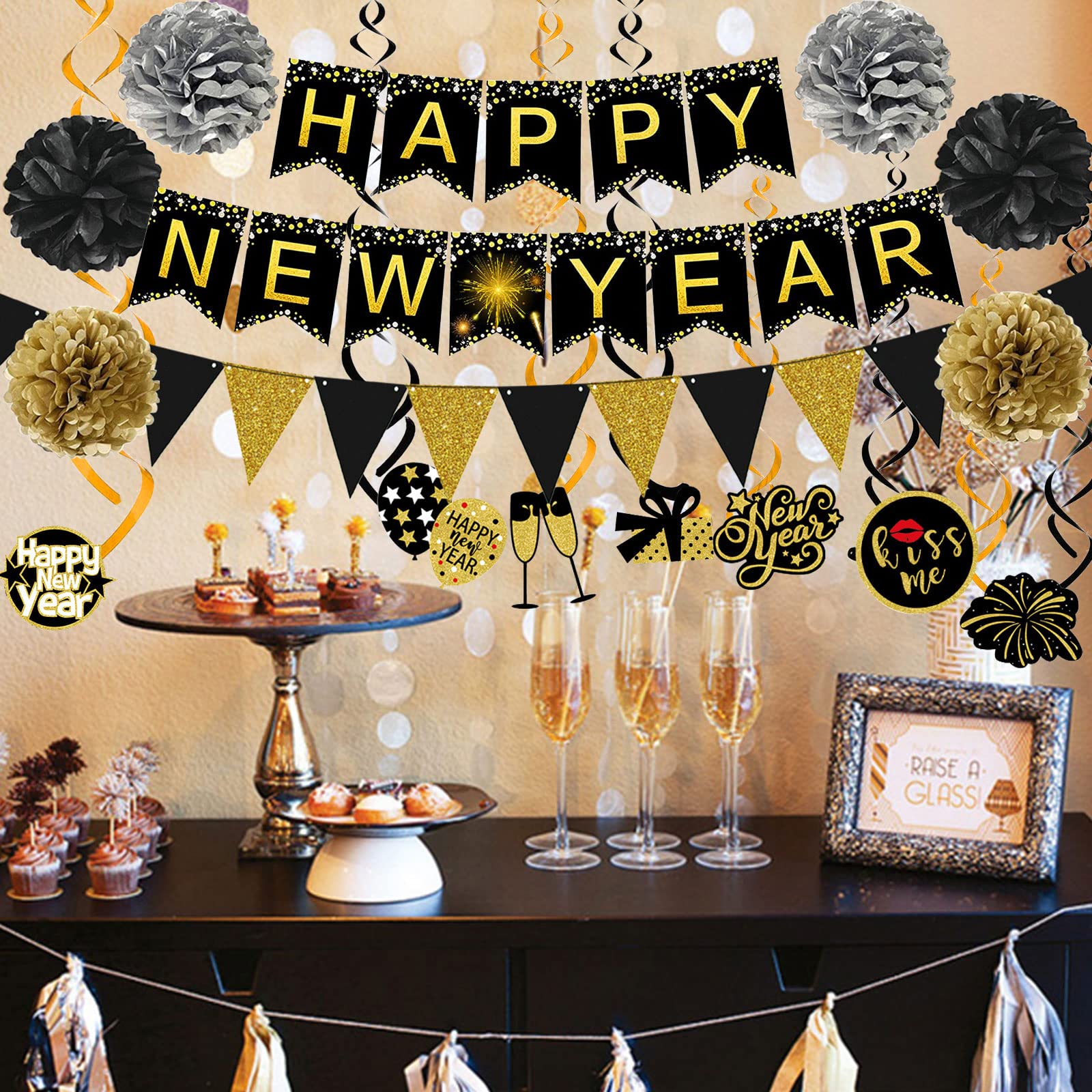 Famoby Happy New Year Banner Pom poms Triangle flag Swirls Garland Hanging Bunting for Happy New Year Party Decorations