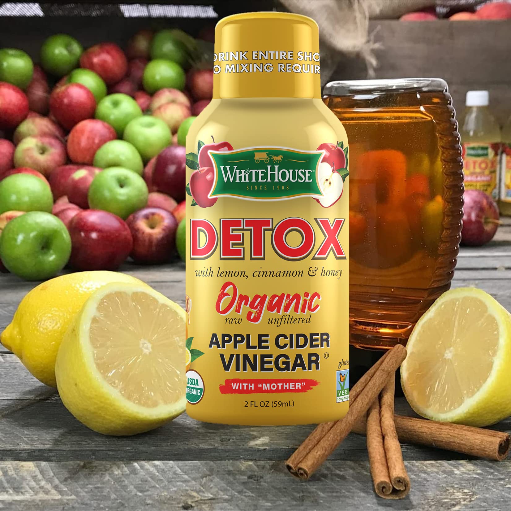 White House Detox Apple Cider Vinegar Shots, Raw Unfiltered, On the Go (Detox, Pack of 24)