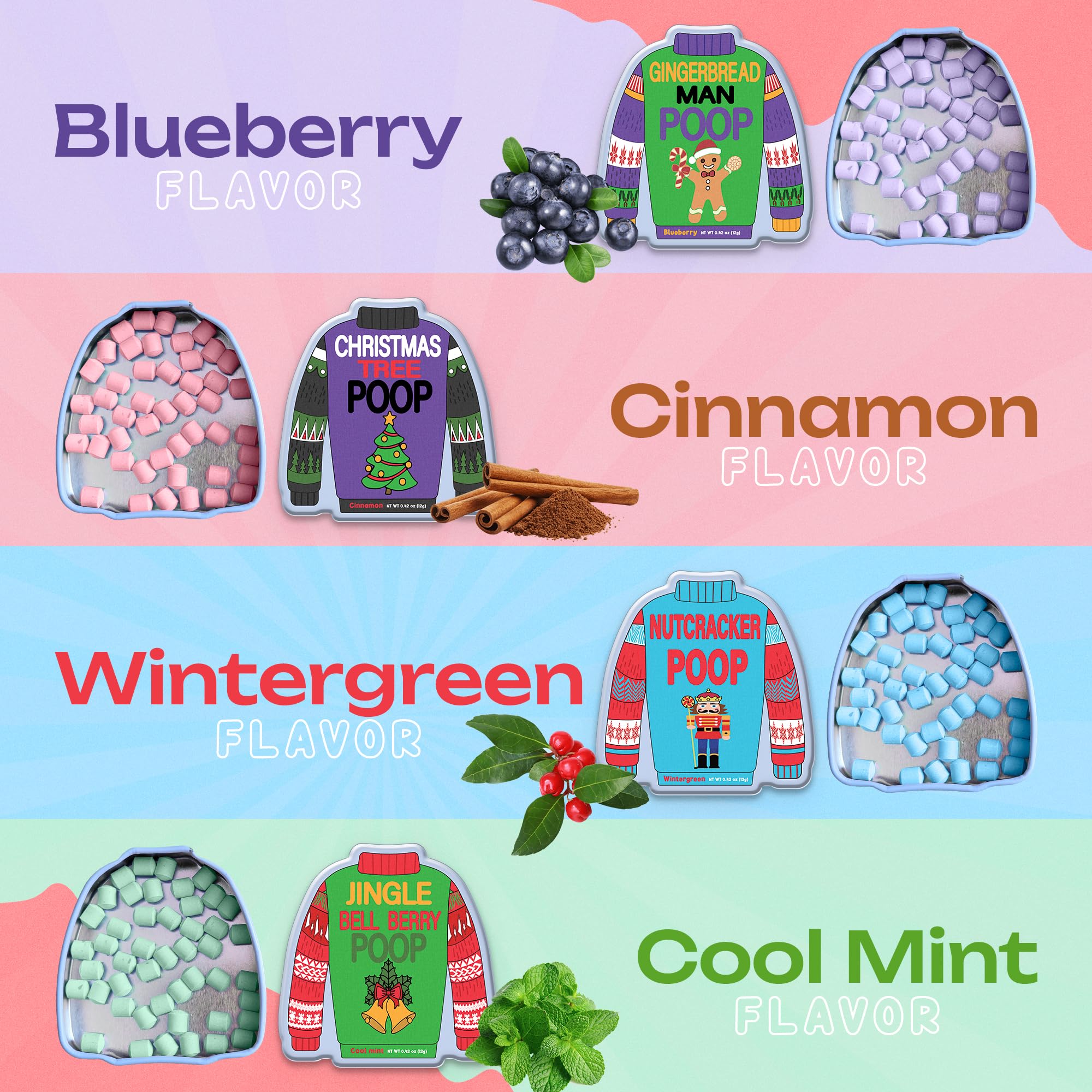 Christmas Poop Mint Candy 4-Pack in Ugly Sweater Tins – Funny Christmas Candy, Stocking Stuffers for Adults, and Teens – Fun Breath Mints, Unique Christmas Gifts