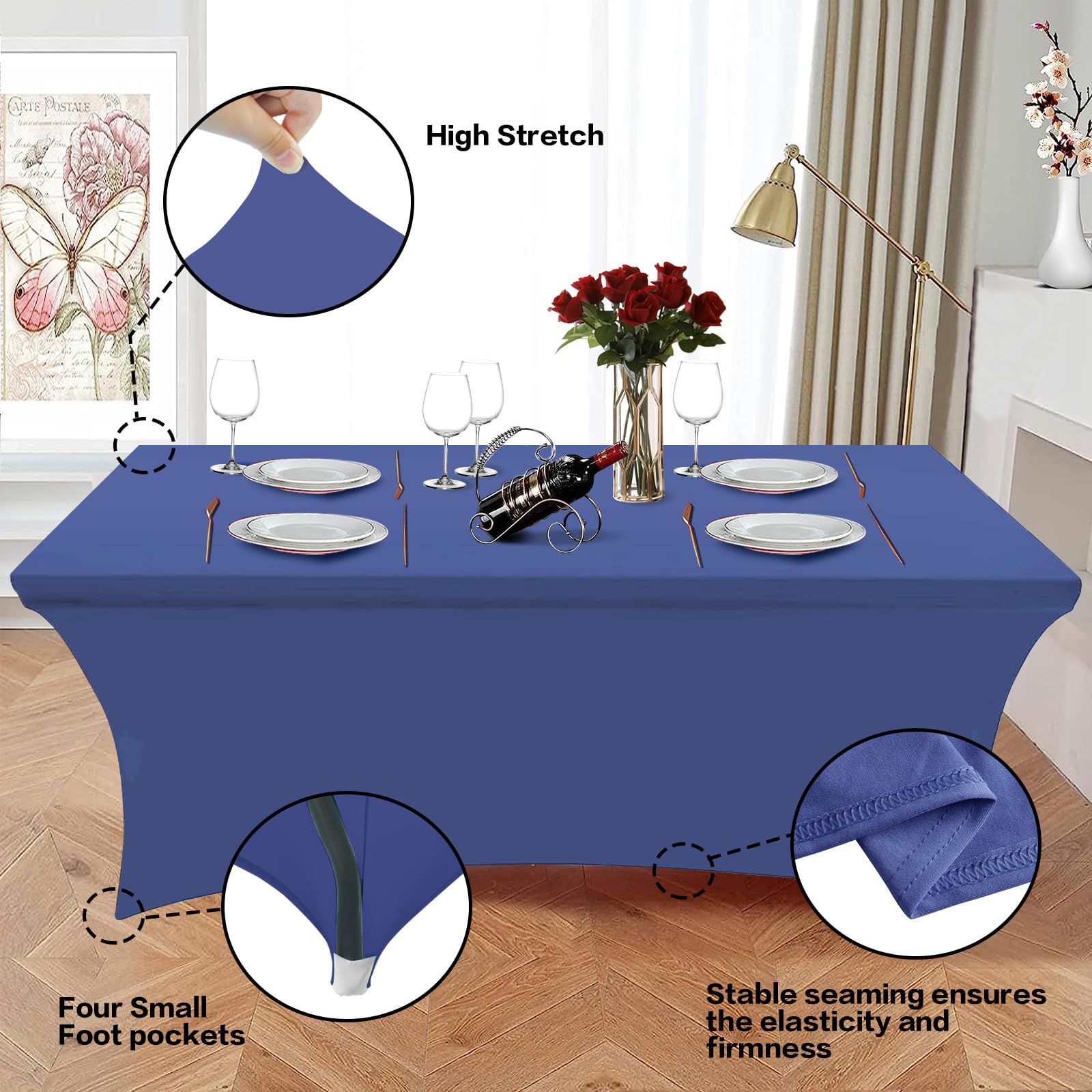 Hussome 8FT Table Cloth for Rectangle Table Blue Tablecloth Rectangular Fitted Stretch Spandex Table Covers 8 ft for Birthday, Cocktail, Wedding, Banquet Spring Summer Outdoor Party
