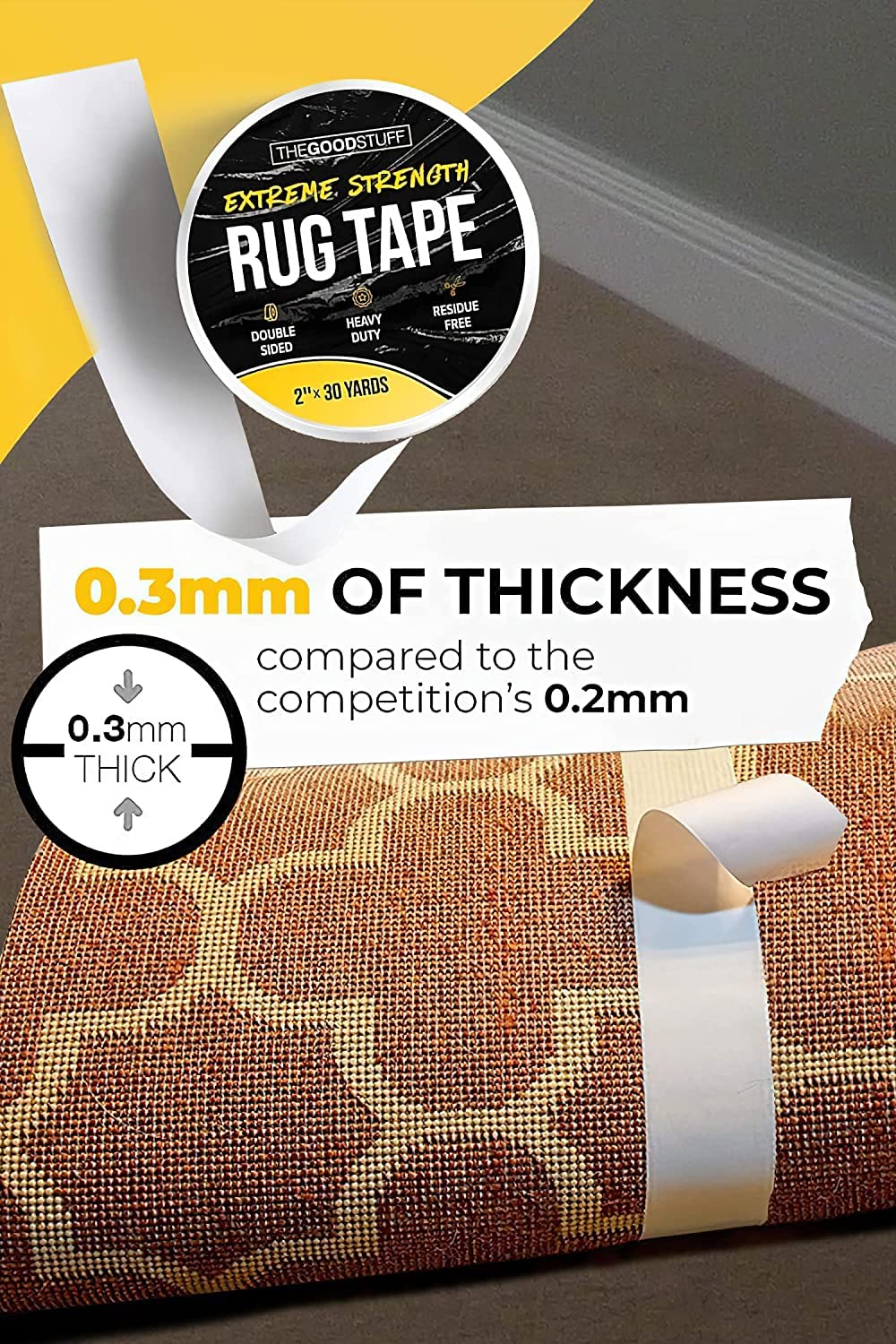 The Good Stuff Rug Tape (2 Inch x 60 Yards) - Secure Rugs to Hardwood, Laminate, Tile, and Carpet