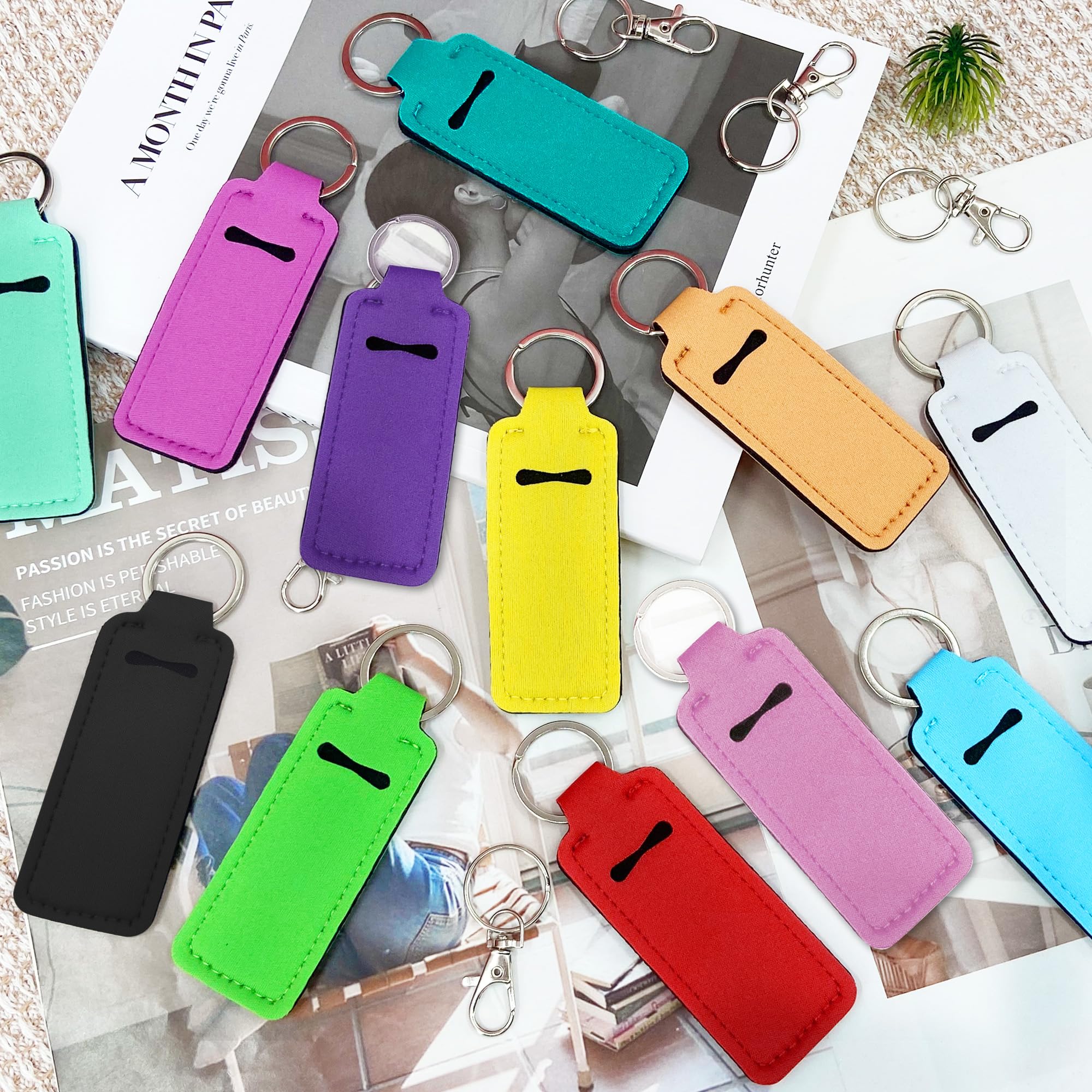 Duufin 24 Pieces Chapstick Keychain Holder Lip Balm Holder Keychains Neoprene Lipstick Holder with 24 Pieces Metal Clip Cords for Purse Backpack