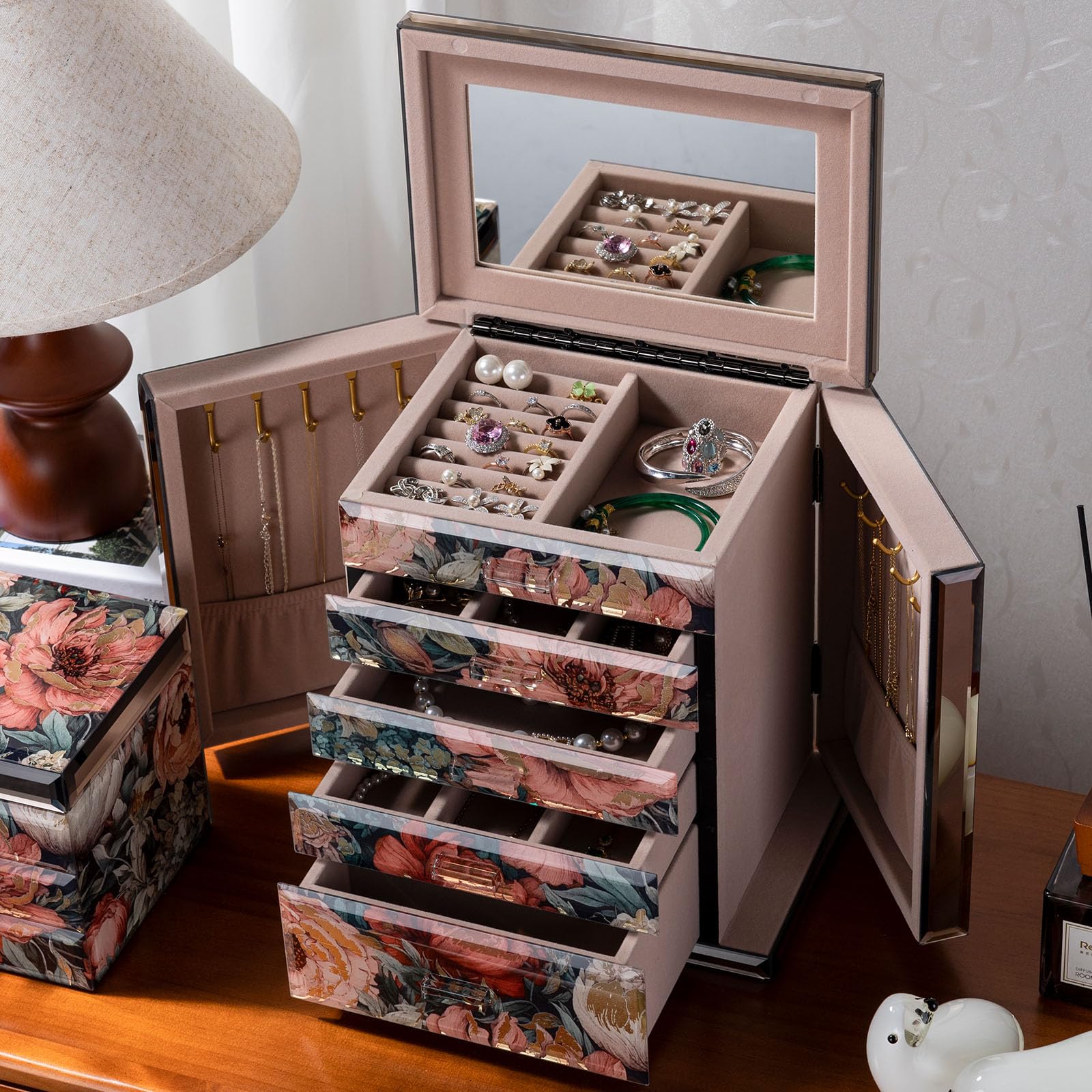 Timetrace Glass Vintage Painting Jewelry Box,5-Layer Storage Case,Art Desktop Decorations Gift for Women,Jewelry Organizer For Necklaces Rings Earrings Bracelets,Gift For Women,Gift For Mom
