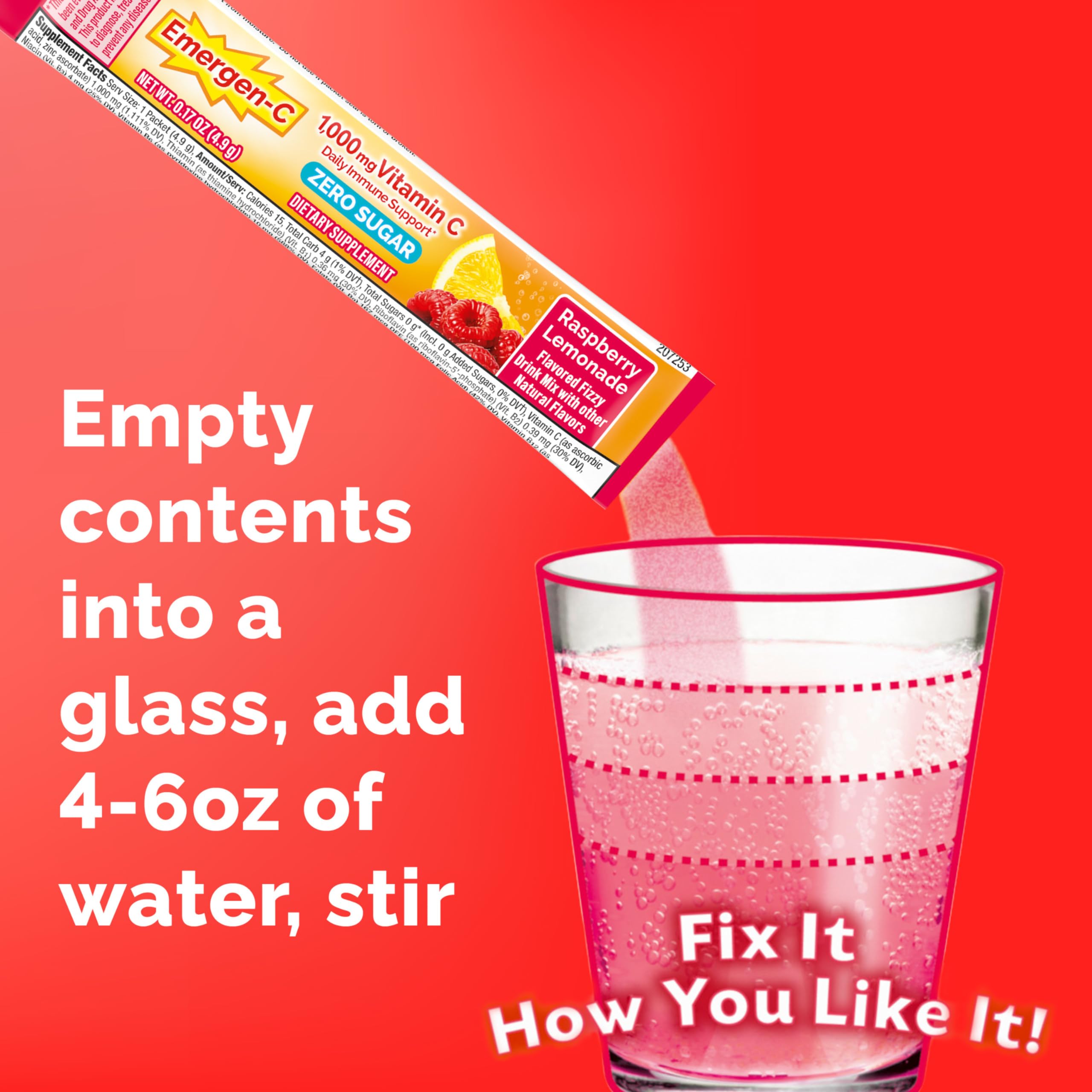 Emergen-C Zero Sugar 1000 mg Vitamin C Powder for Daily Immune Support Caffeine Free Vitamin C Supplements with Zinc and Manganese, B Vitamins and Electrolytes, Raspberry Lemonade Flavor - 36 Count